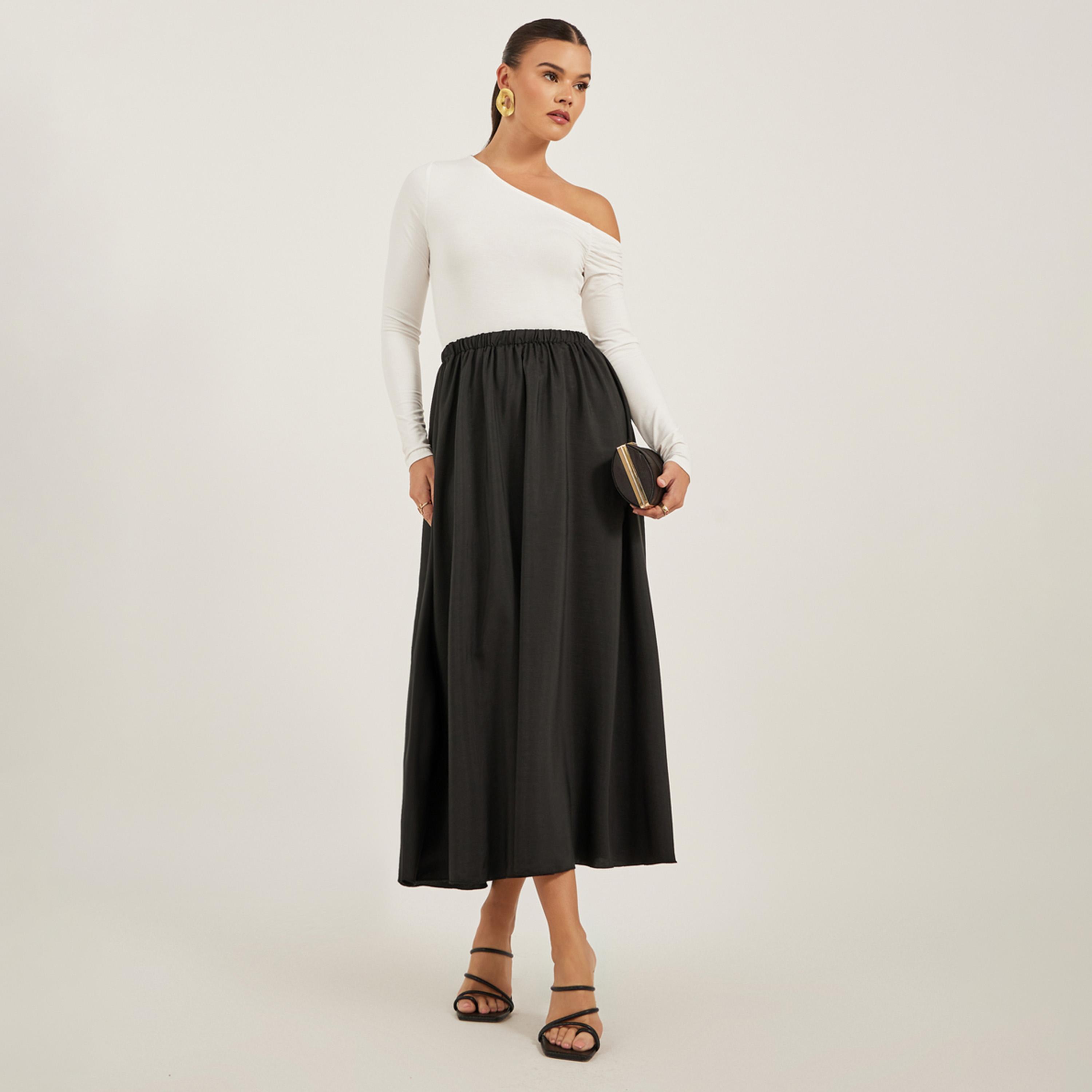 Styli Solid Elasticated Waistband A-Line Midi Skirt-women-clothing-bottoms-skirts-image-1