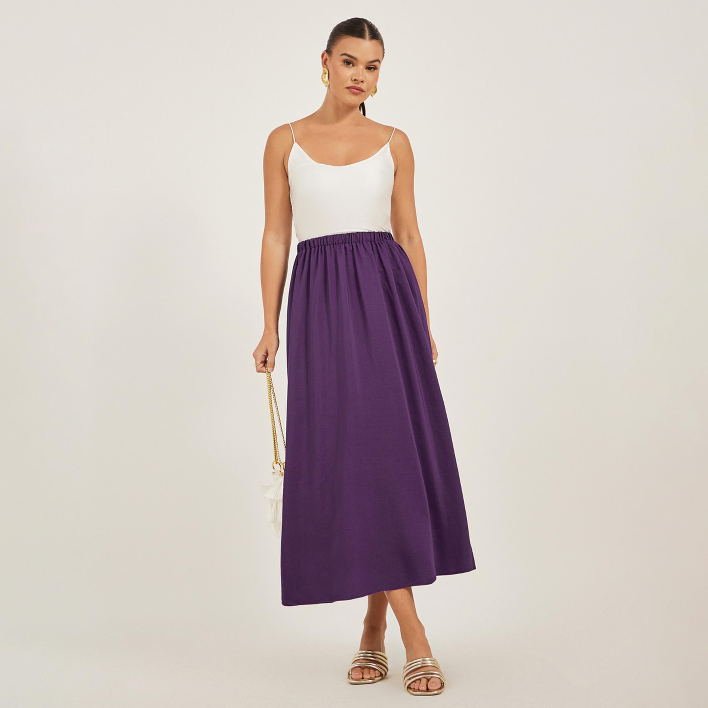 Styli Solid Elasticated Waistband A-Line Midi Skirt-women-clothing-bottoms-skirts-image-1