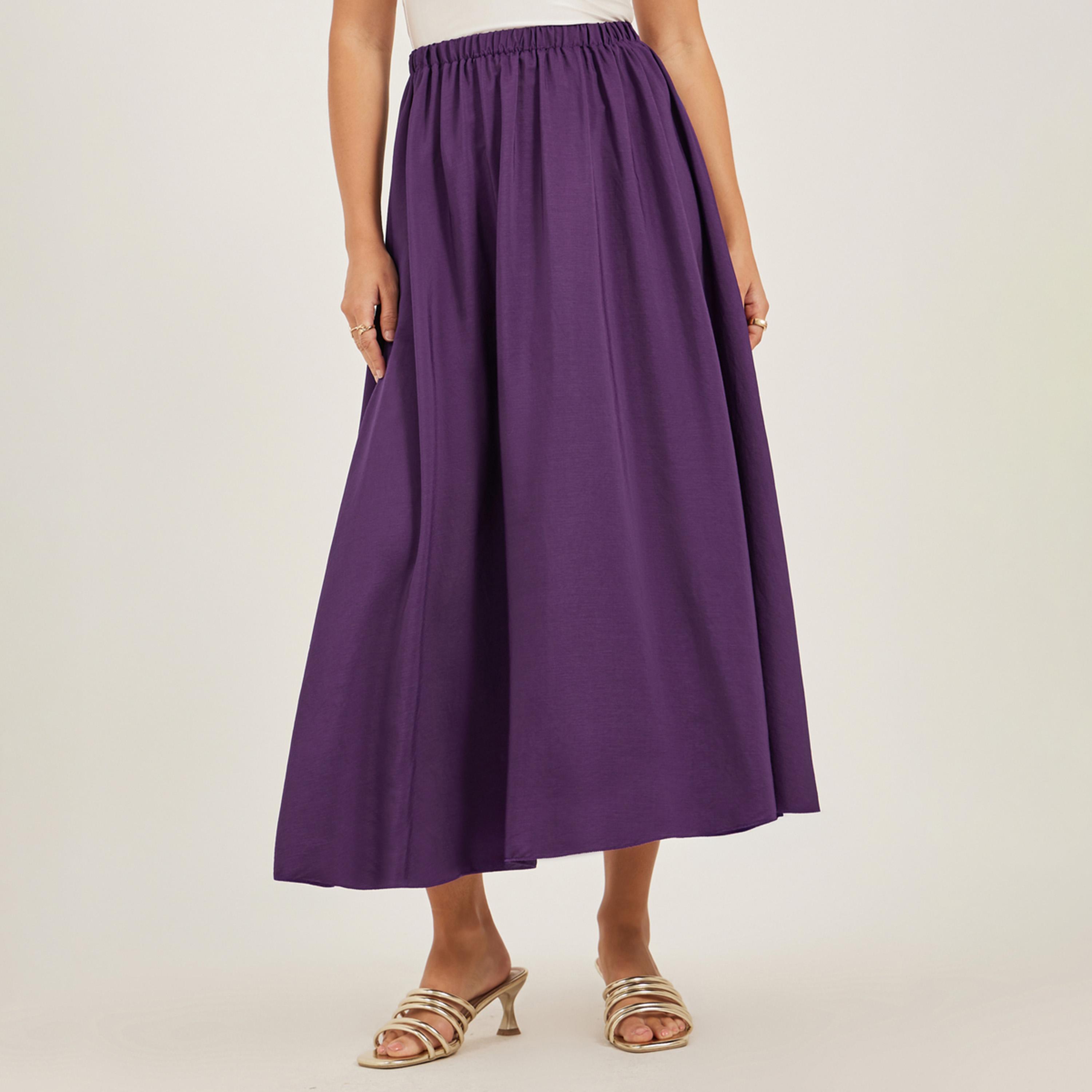 Styli Solid Elasticated Waistband A-Line Midi Skirt-women-clothing-bottoms-skirts-image-2