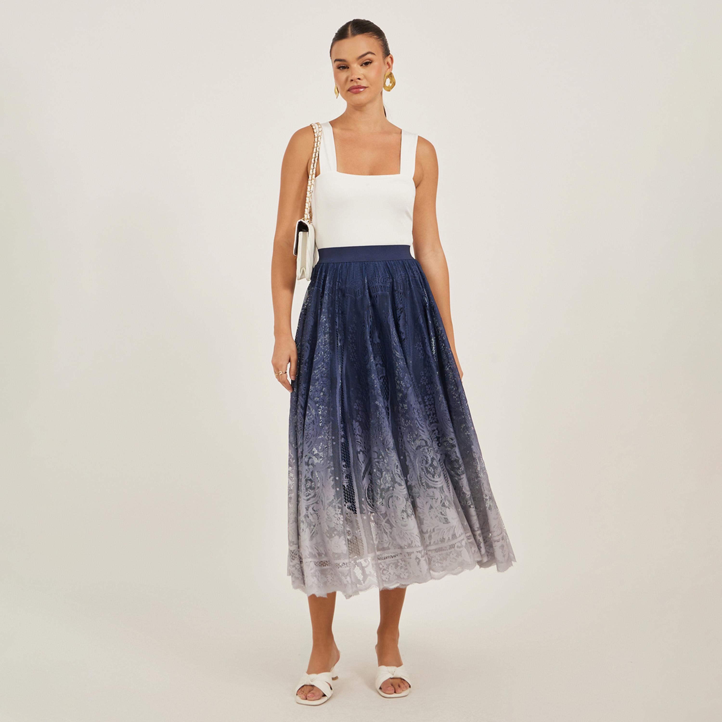 ستايلي - تنورة ميدي أومبري دانتيل بقصة A مع حزام خصر مطاطي-women-clothing-bottoms-skirts-image-1