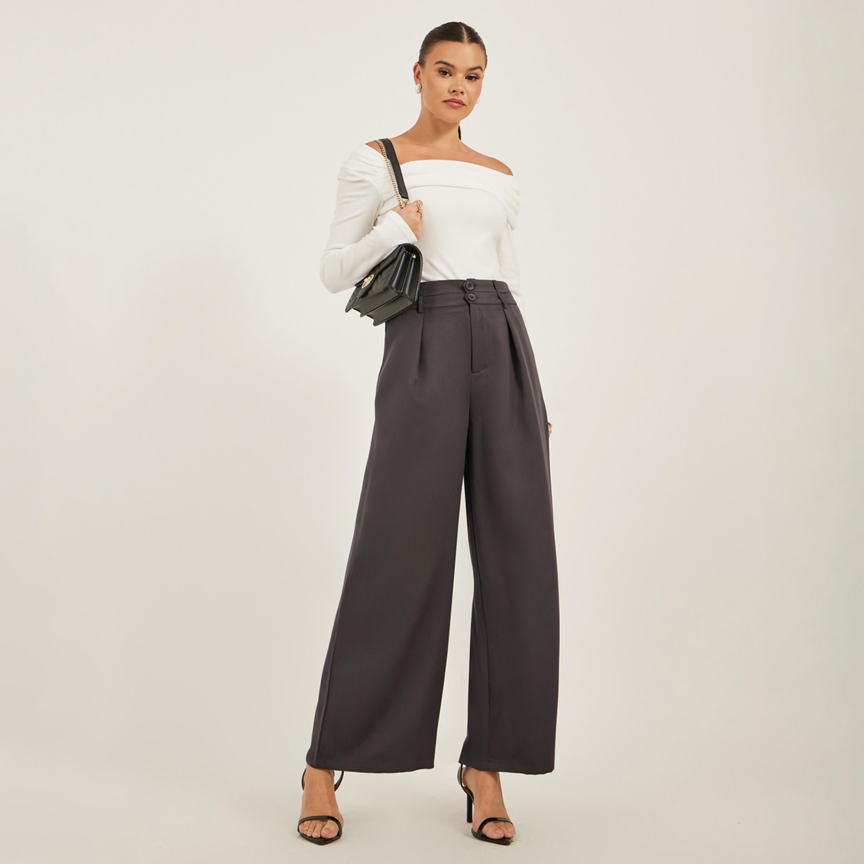 Styli Pleated Wide Leg Pants with Double Buttoned Waistband-women-clothing-bottoms-trousers-image-1
