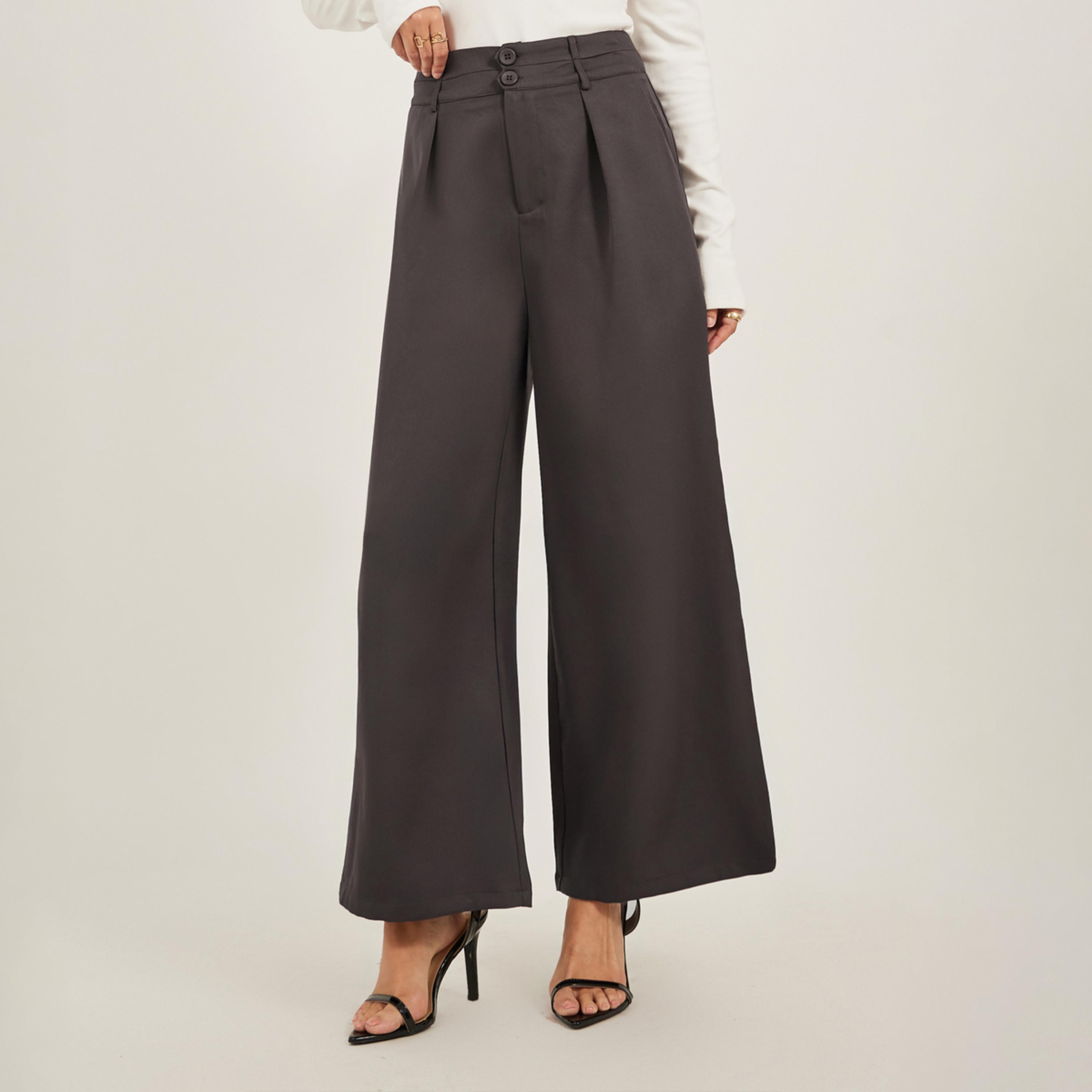 ستايلي - بنطال واسع الساق بكسرات مع حزام خصر مزدوج الأزرار-women-clothing-bottoms-trousers-image-2