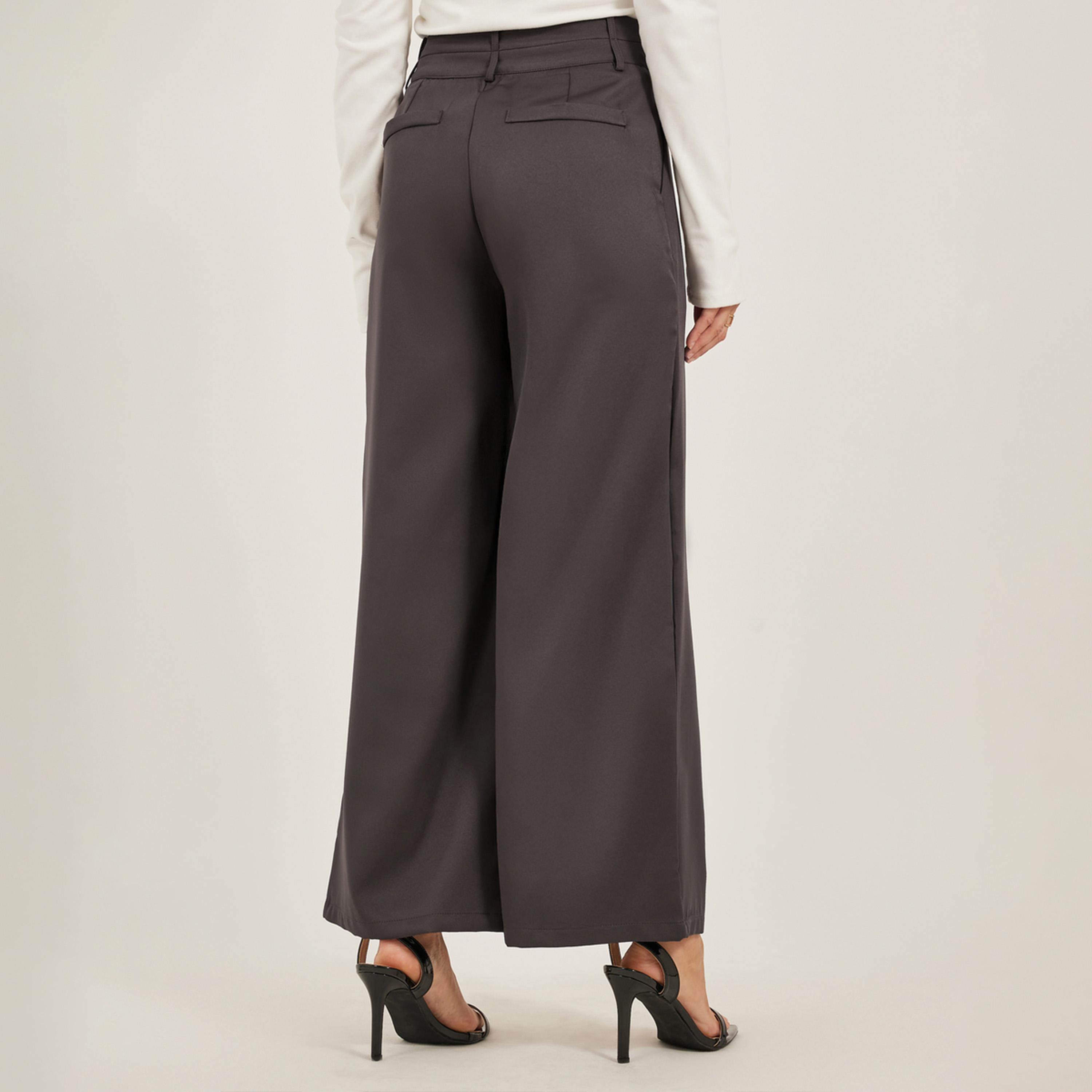ستايلي - بنطال واسع الساق بكسرات مع حزام خصر مزدوج الأزرار-women-clothing-bottoms-trousers-image-4