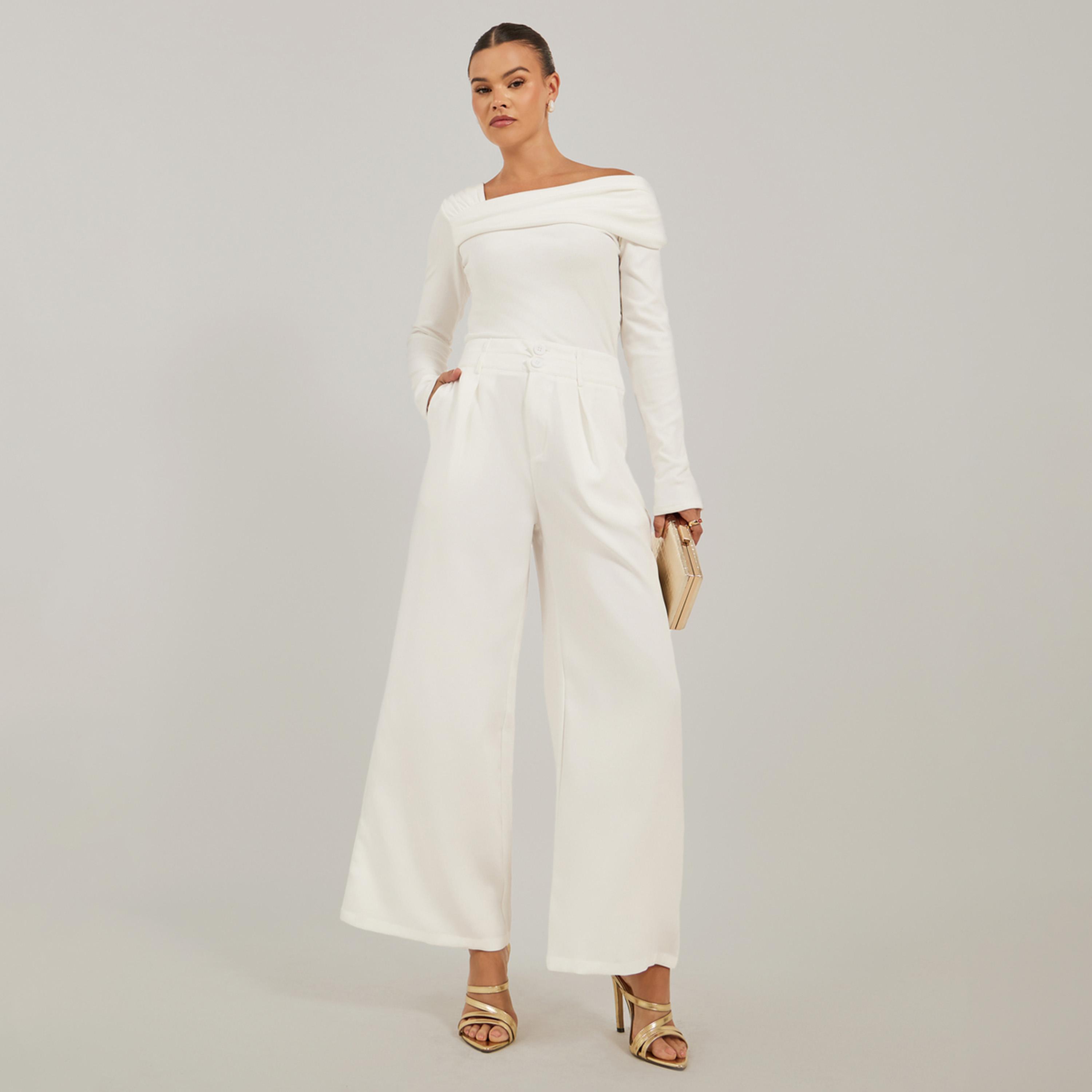 ستايلي - بنطال واسع الساق بكسرات مع حزام خصر مزدوج الأزرار-women-clothing-bottoms-trousers-image-1