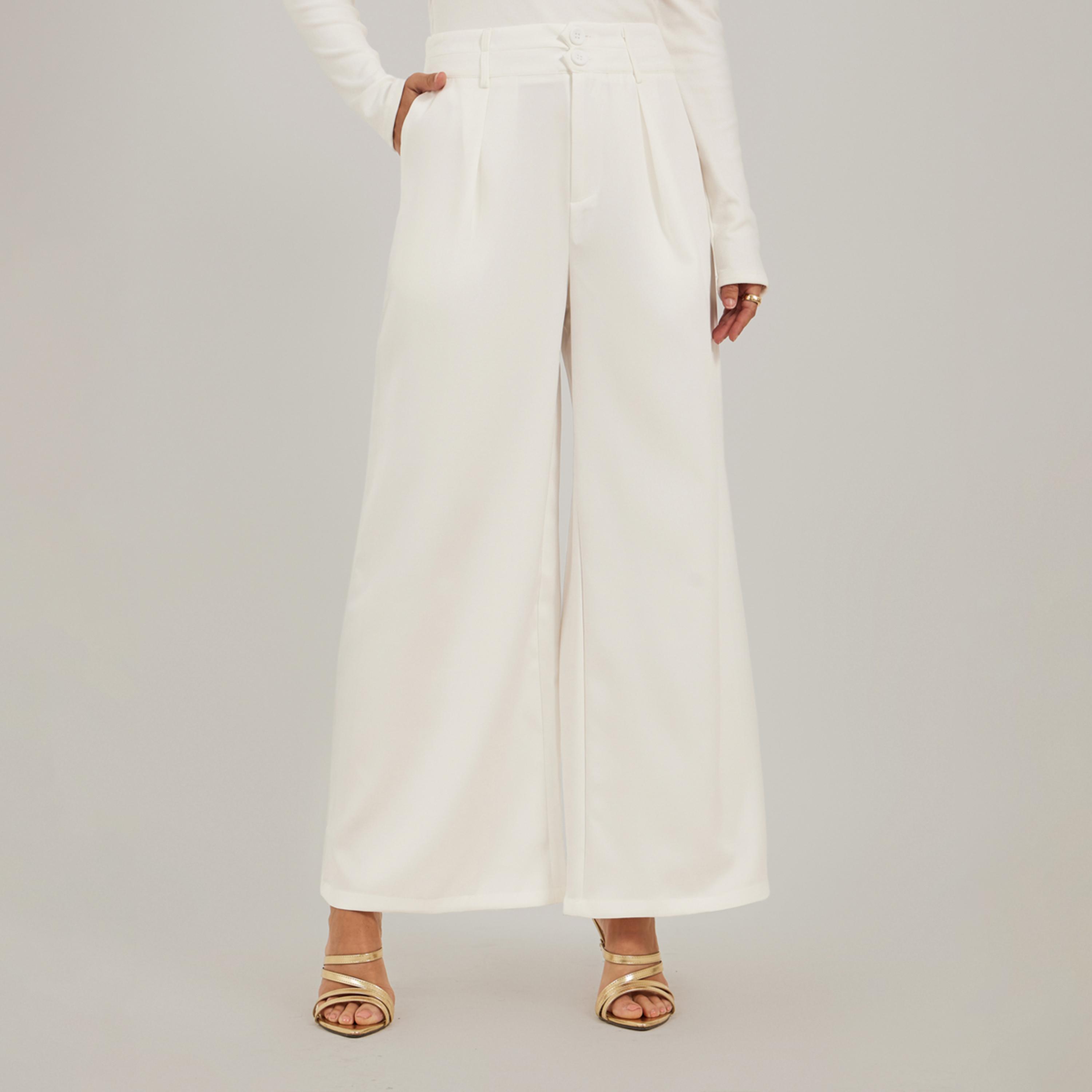 ستايلي - بنطال واسع الساق بكسرات مع حزام خصر مزدوج الأزرار-women-clothing-bottoms-trousers-image-2