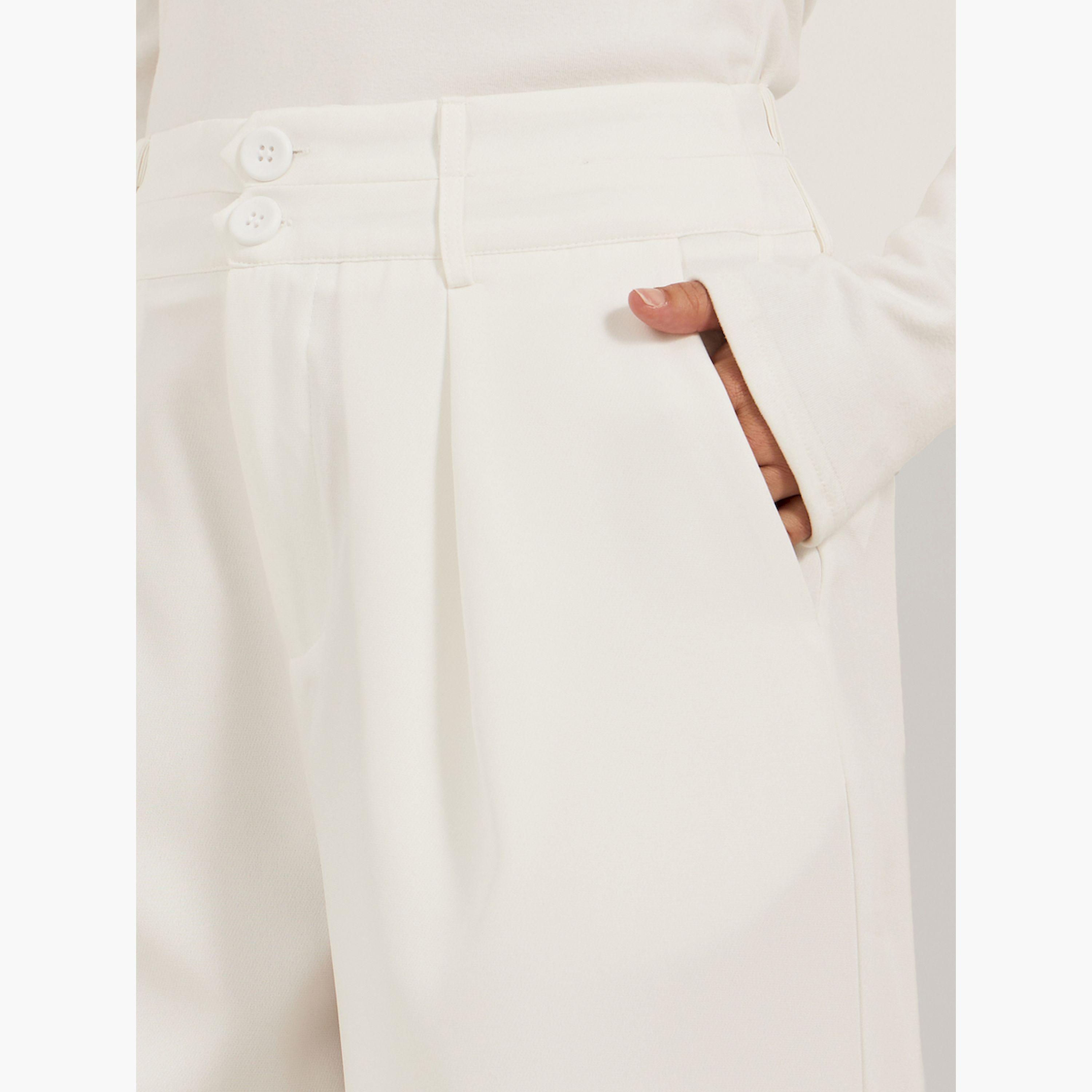 ستايلي - بنطال واسع الساق بكسرات مع حزام خصر مزدوج الأزرار-women-clothing-bottoms-trousers-image-3