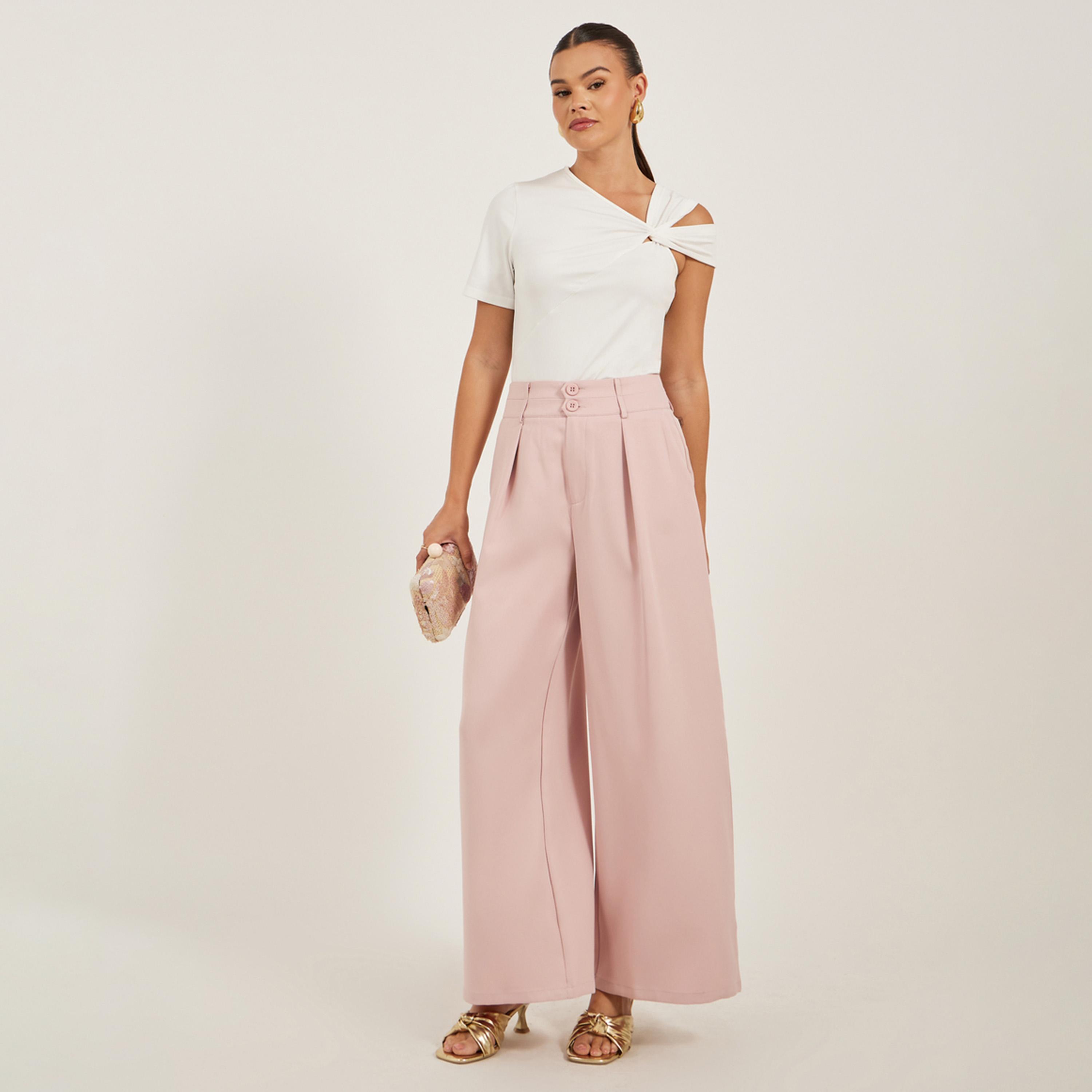 Styli Pleated Wide Leg Pants with Double Buttoned Waistband-women-clothing-bottoms-trousers-image-1