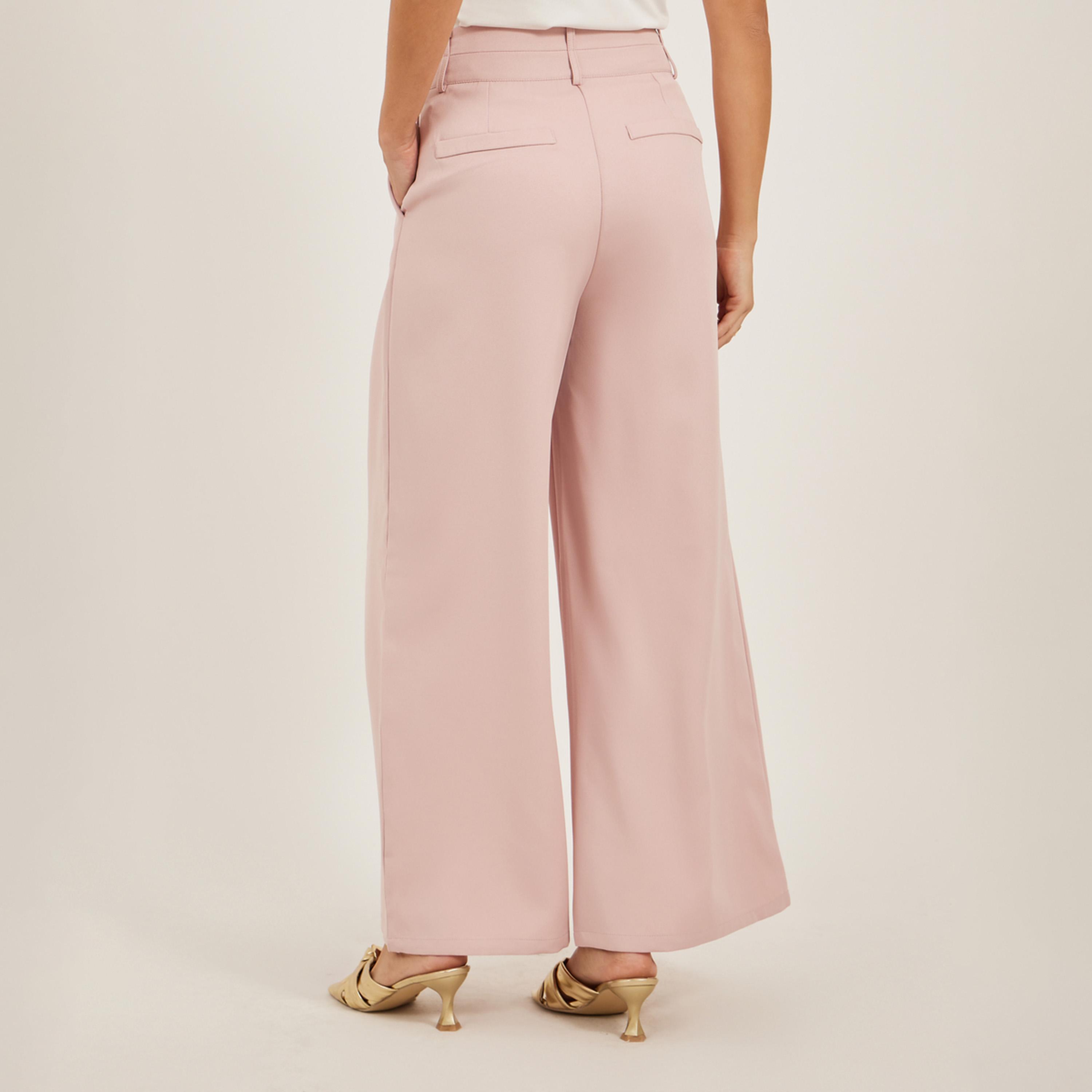ستايلي - بنطال واسع الساق بكسرات مع حزام خصر مزدوج الأزرار-women-clothing-bottoms-trousers-image-4