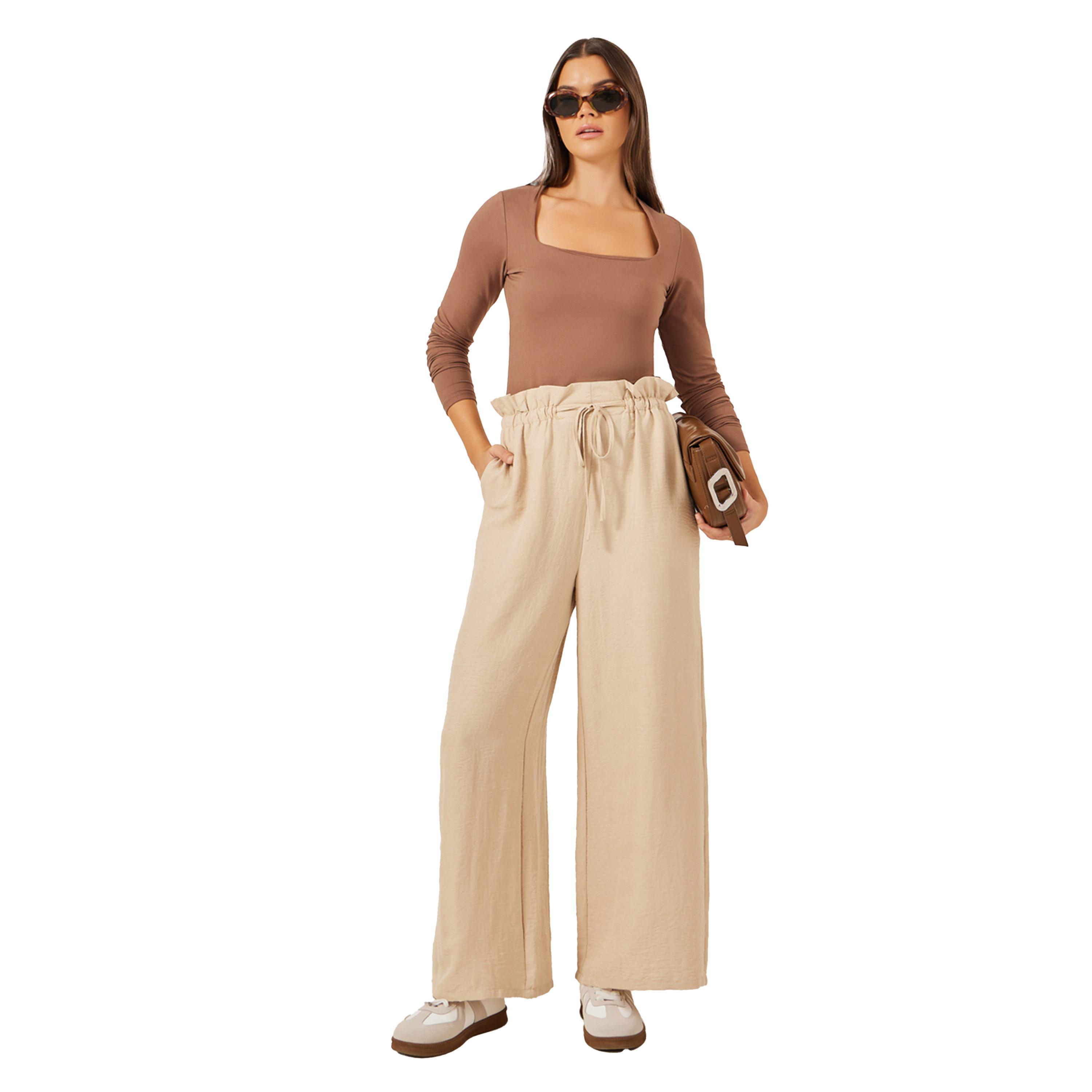 ستايلي - بنطال بخصر متوسط الارتفاع وواسع الساق مع رباط-women-clothing-bottoms-trousers-image-1