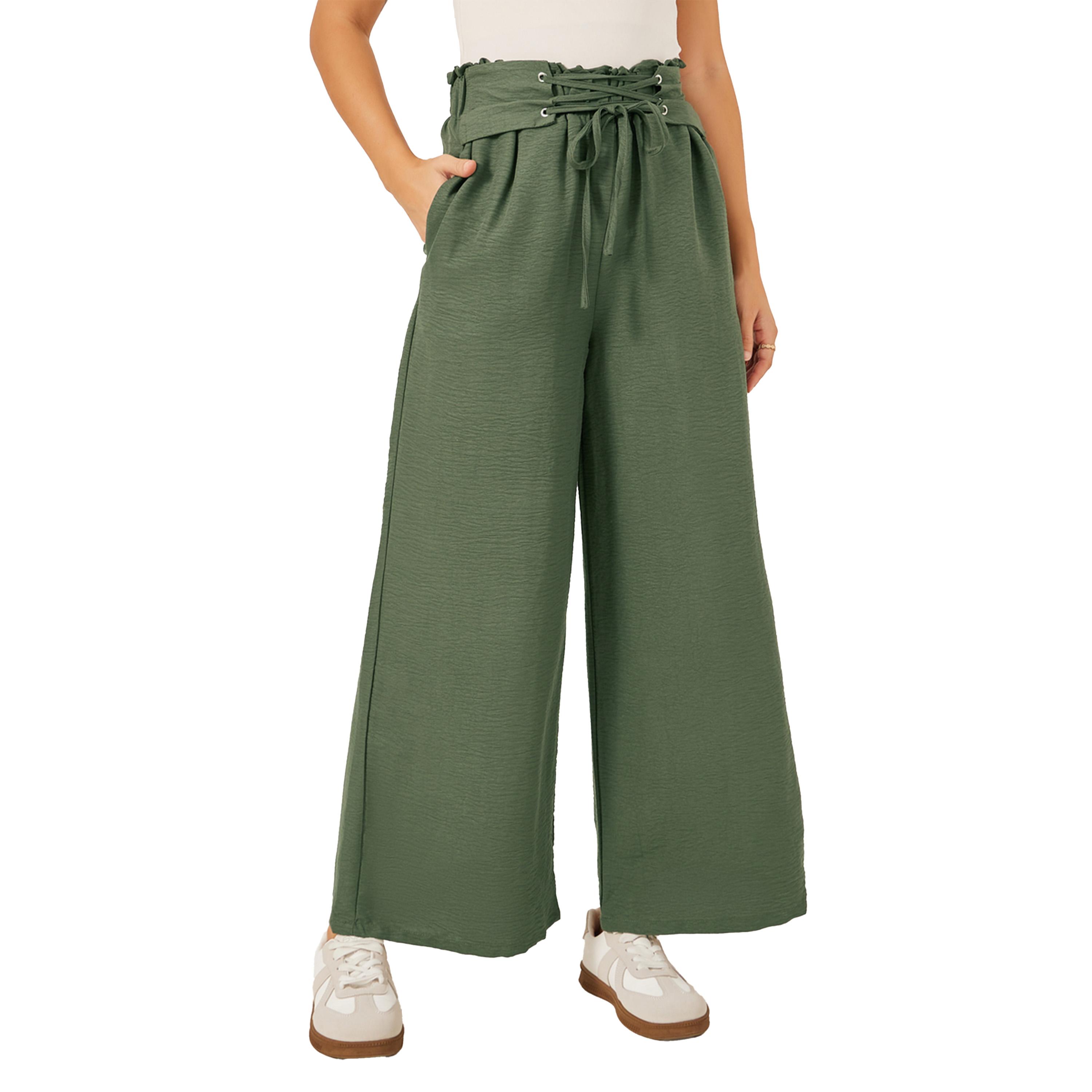ستايلي - بنطال بخصر متوسط الارتفاع وواسع الساق مع حزام خصر مزين-women-clothing-bottoms-trousers-image-2