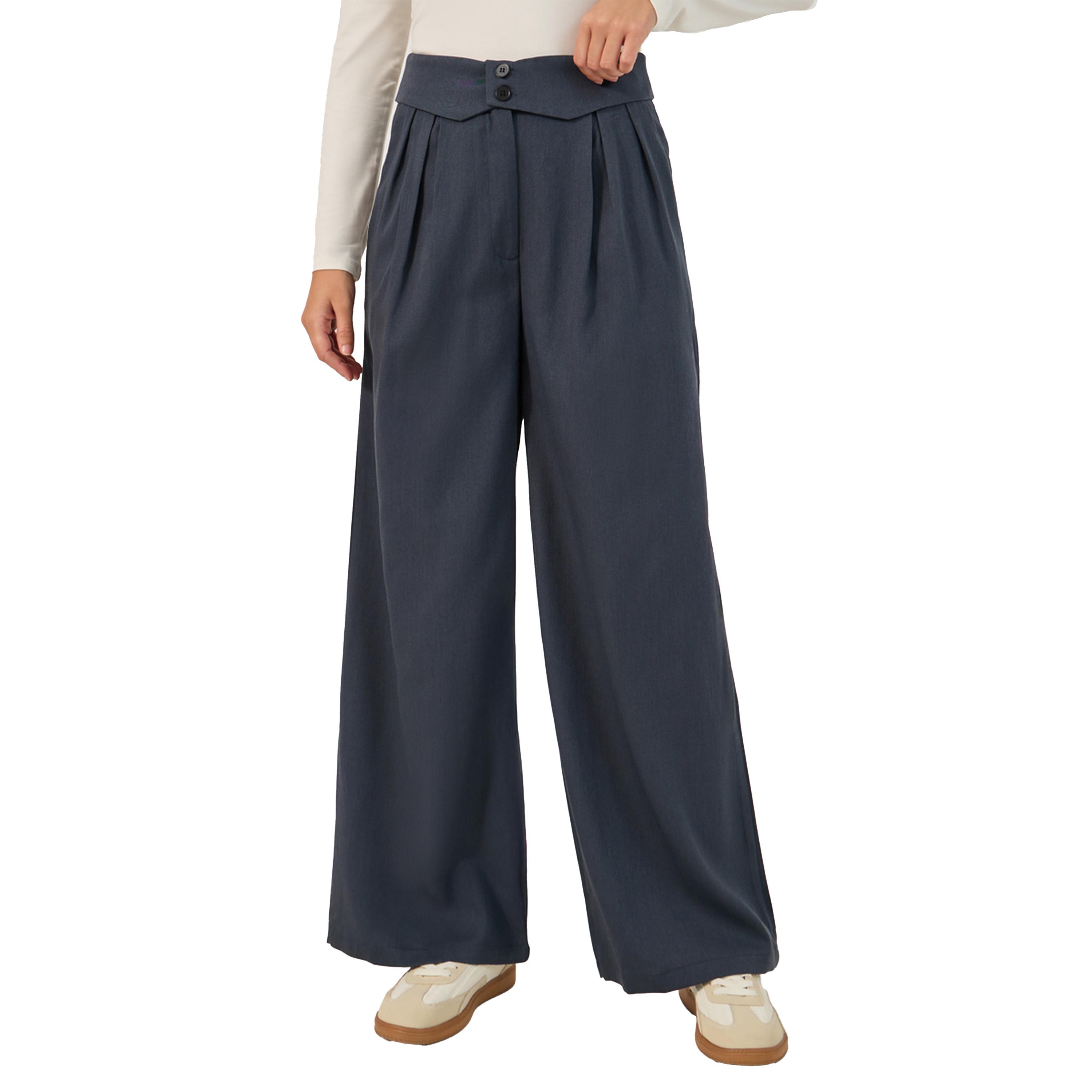 ستايلي - بنطال بخصر متوسط الارتفاع واسع الساق بكسرات-women-clothing-bottoms-trousers-image-2