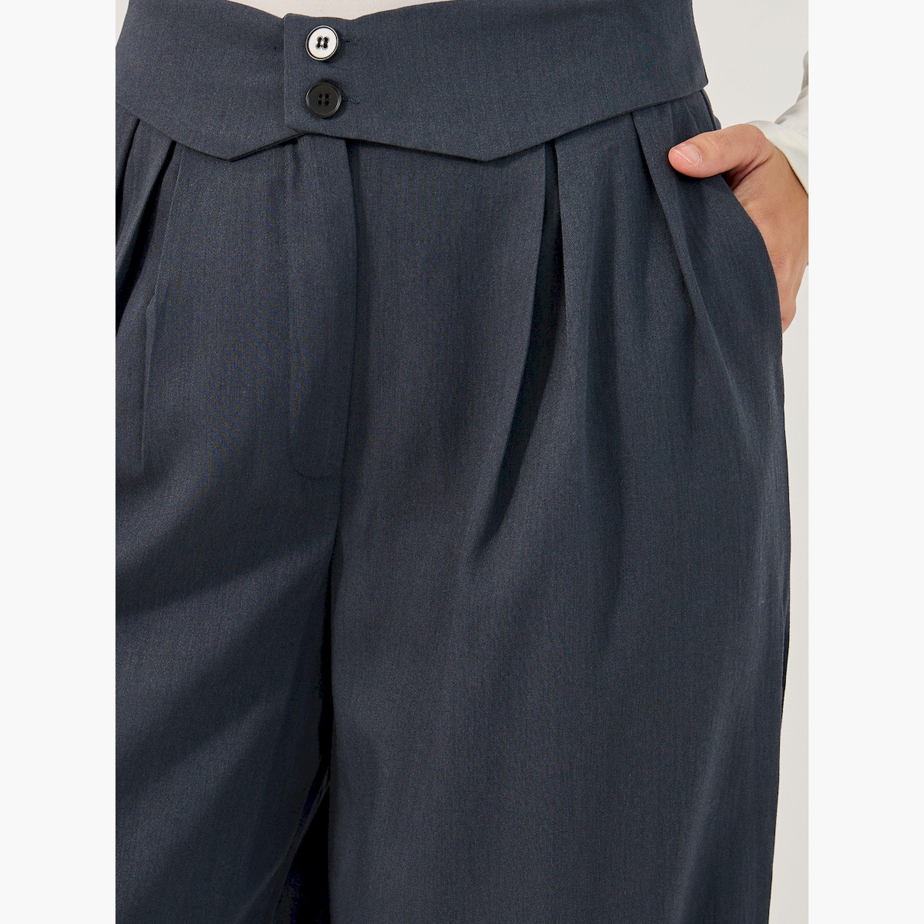 ستايلي - بنطال بخصر متوسط الارتفاع واسع الساق بكسرات-women-clothing-bottoms-trousers-image-3