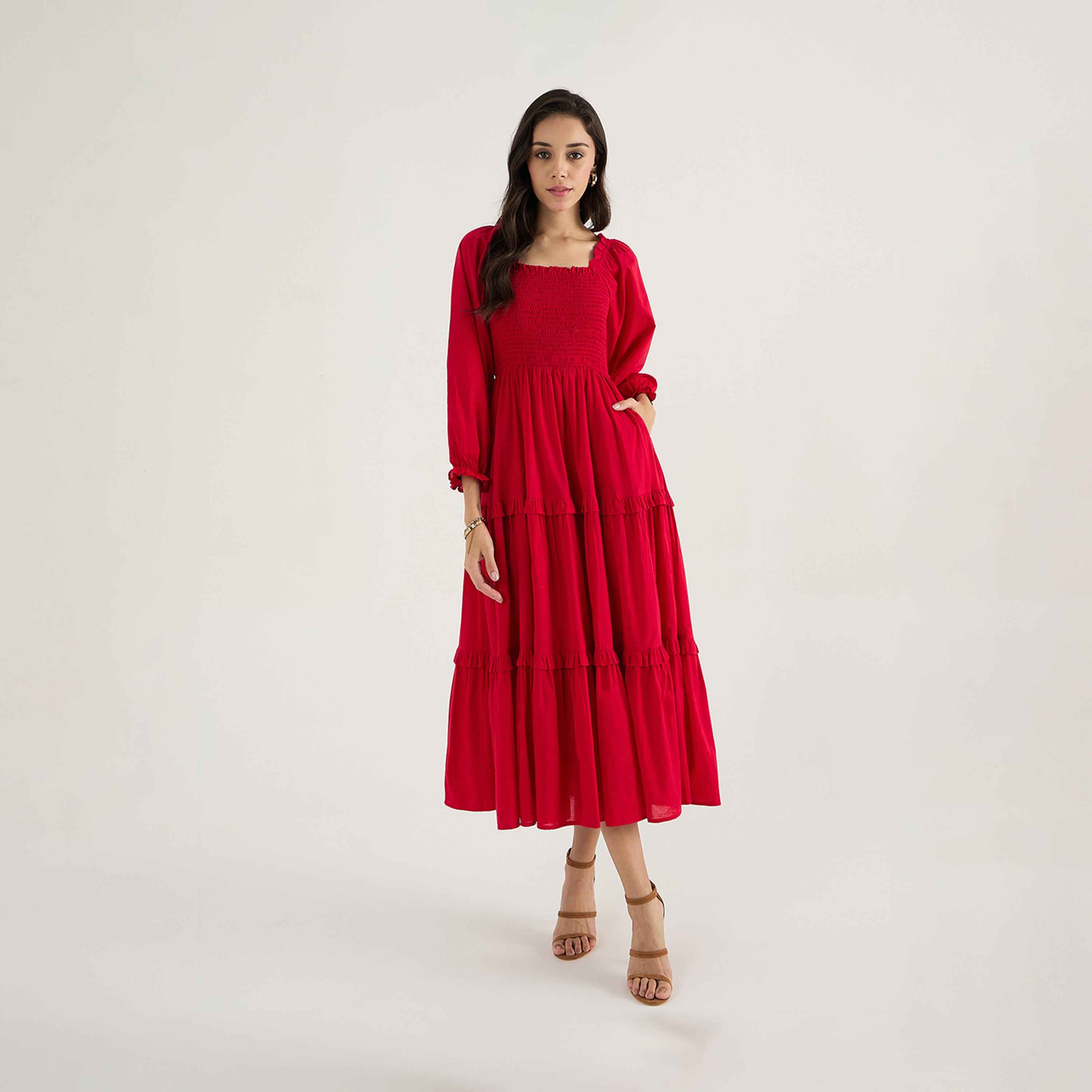 Femmella X Styli Balloon Sleeve Cotton A-Line Midi Dress With Smocked Detail-women-clothing-dresses-image-1