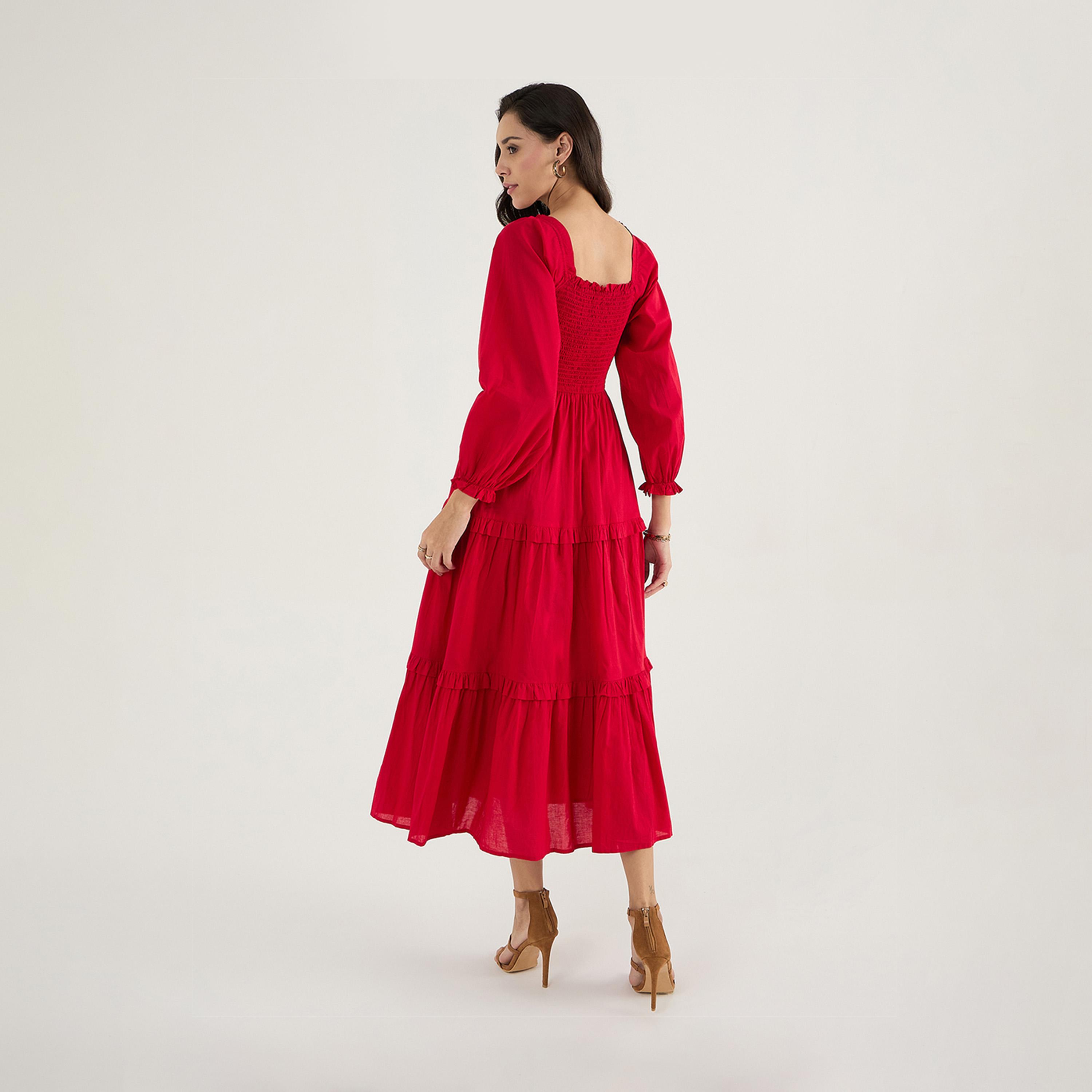 Femmella X Styli Balloon Sleeve Cotton A-Line Midi Dress With Smocked Detail-women-clothing-dresses-image-2