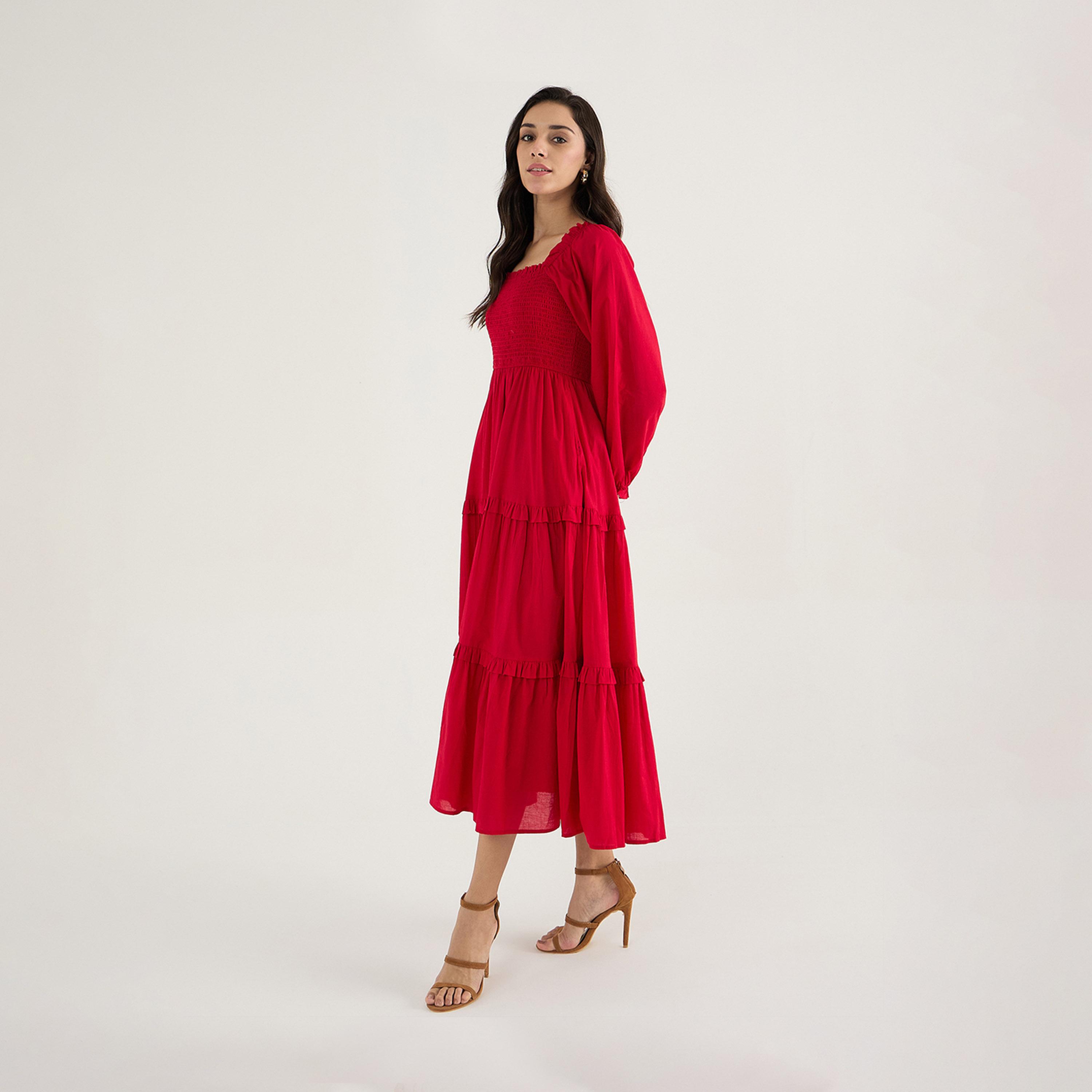 Femmella X Styli Balloon Sleeve Cotton A-Line Midi Dress With Smocked Detail-women-clothing-dresses-image-3