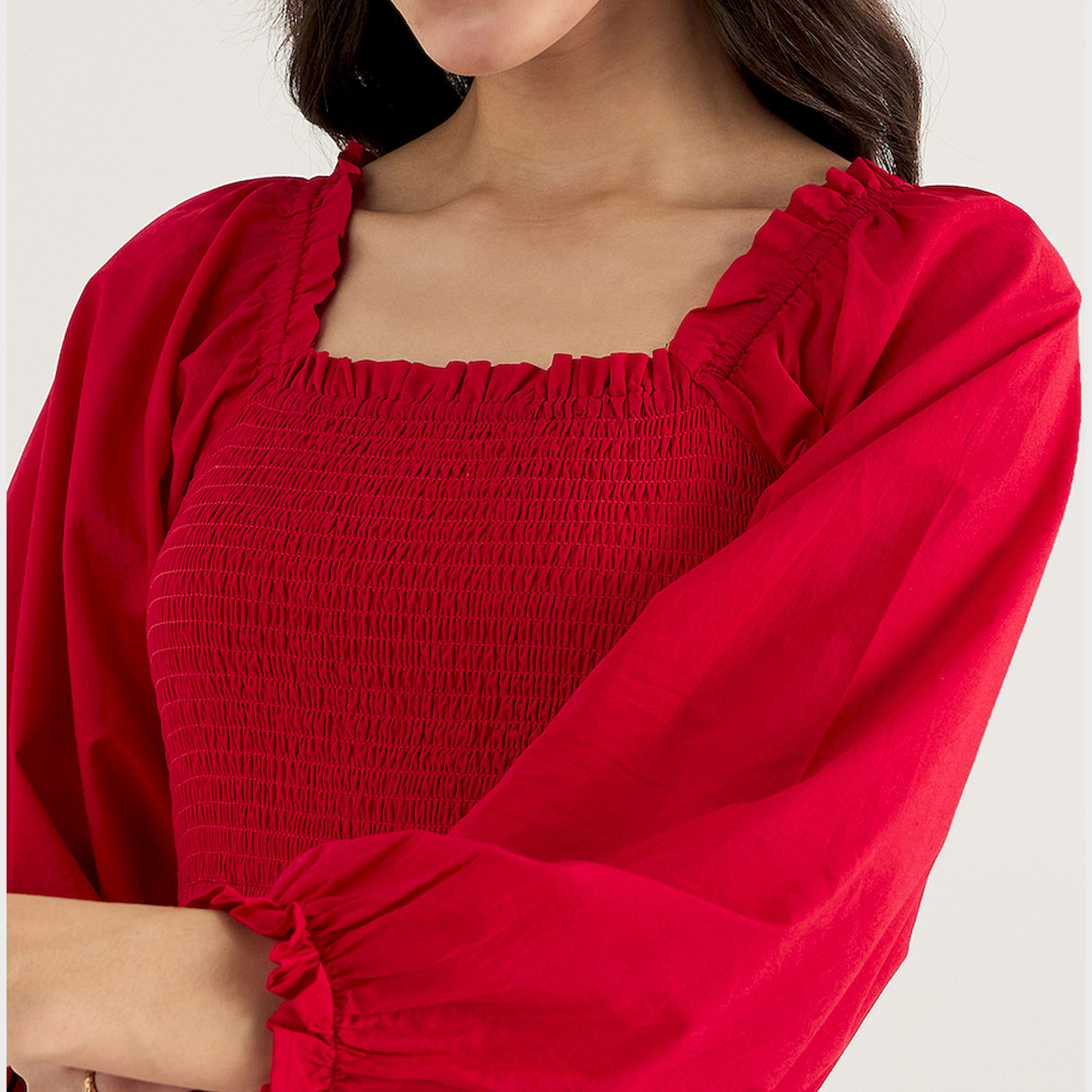 Femmella X Styli Balloon Sleeve Cotton A-Line Midi Dress With Smocked Detail-women-clothing-dresses-image-4