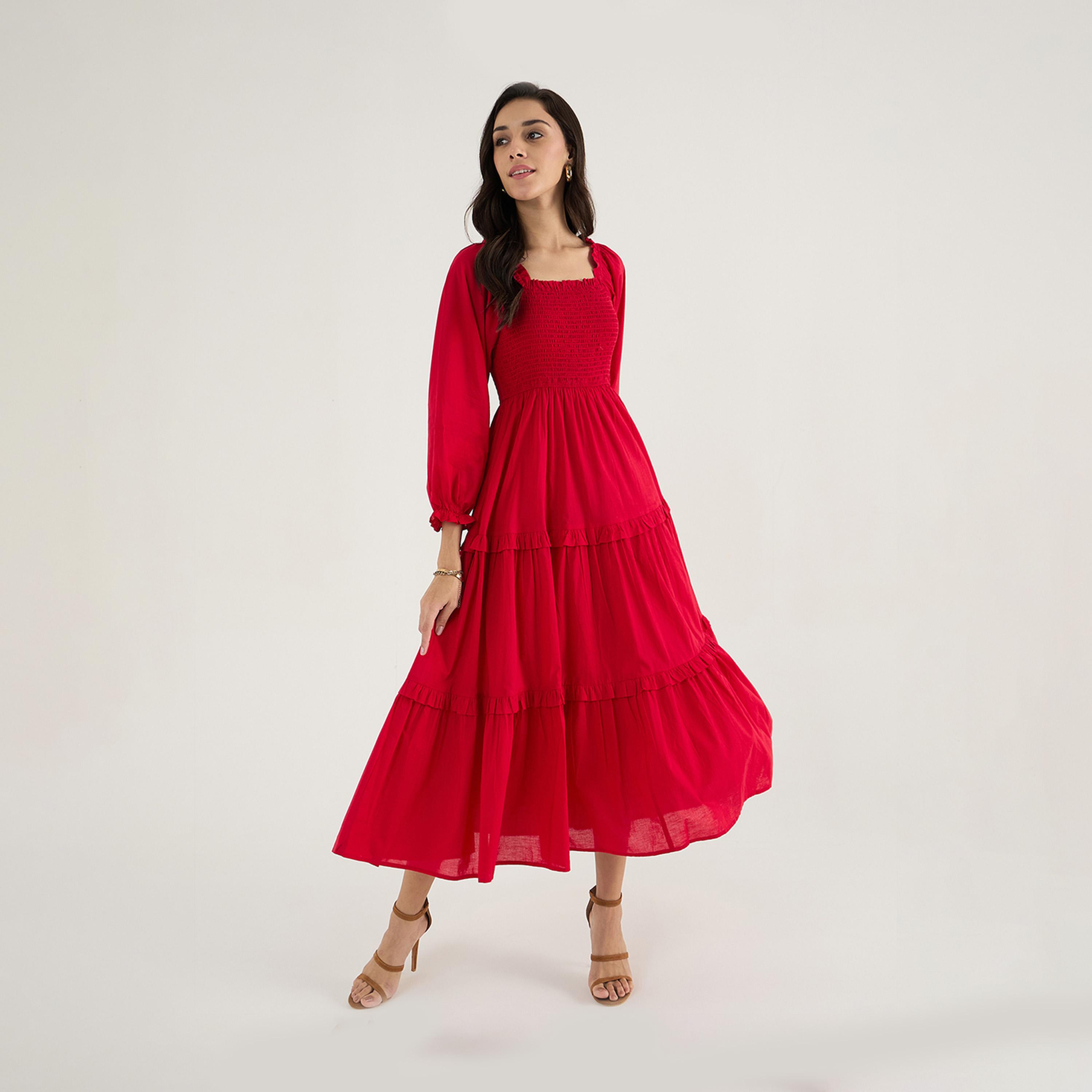 Femmella X Styli Balloon Sleeve Cotton A-Line Midi Dress With Smocked Detail-women-clothing-dresses-image-5