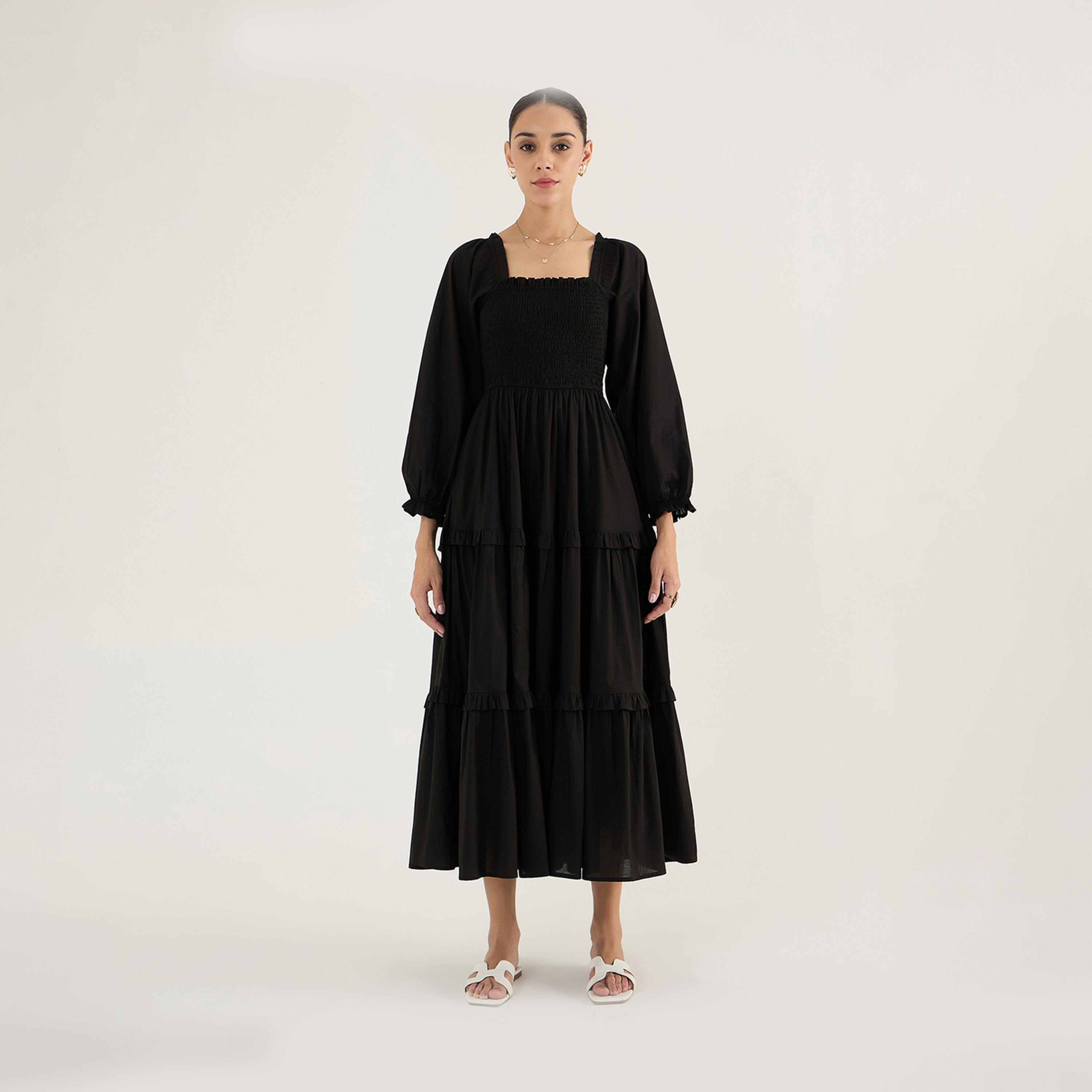 Femmella X Styli Balloon Sleeve Cotton Maxi Dress With Smocked Detail-women-clothing-dresses-image-1