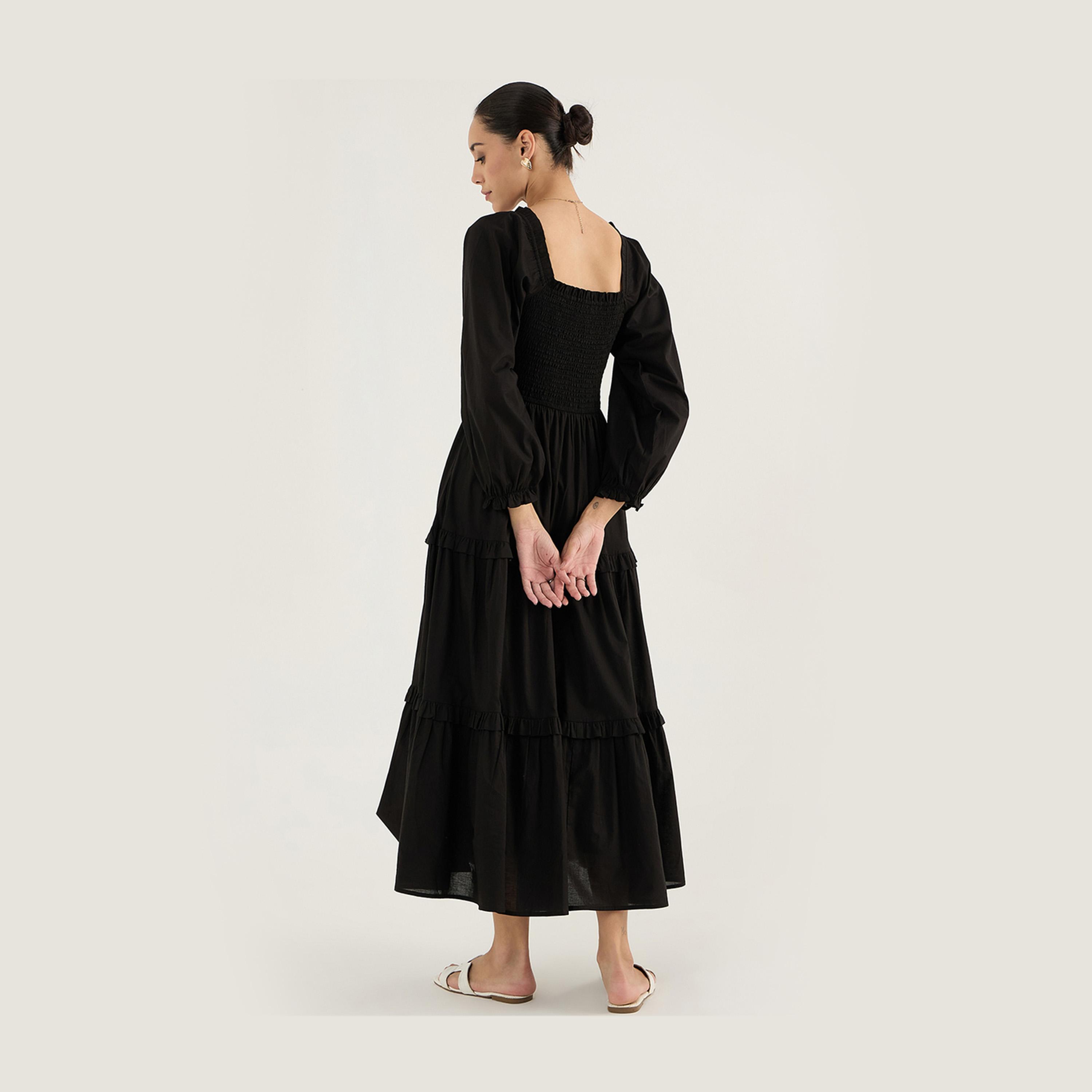 Femmella X Styli Balloon Sleeve Cotton Maxi Dress With Smocked Detail-women-clothing-dresses-image-2
