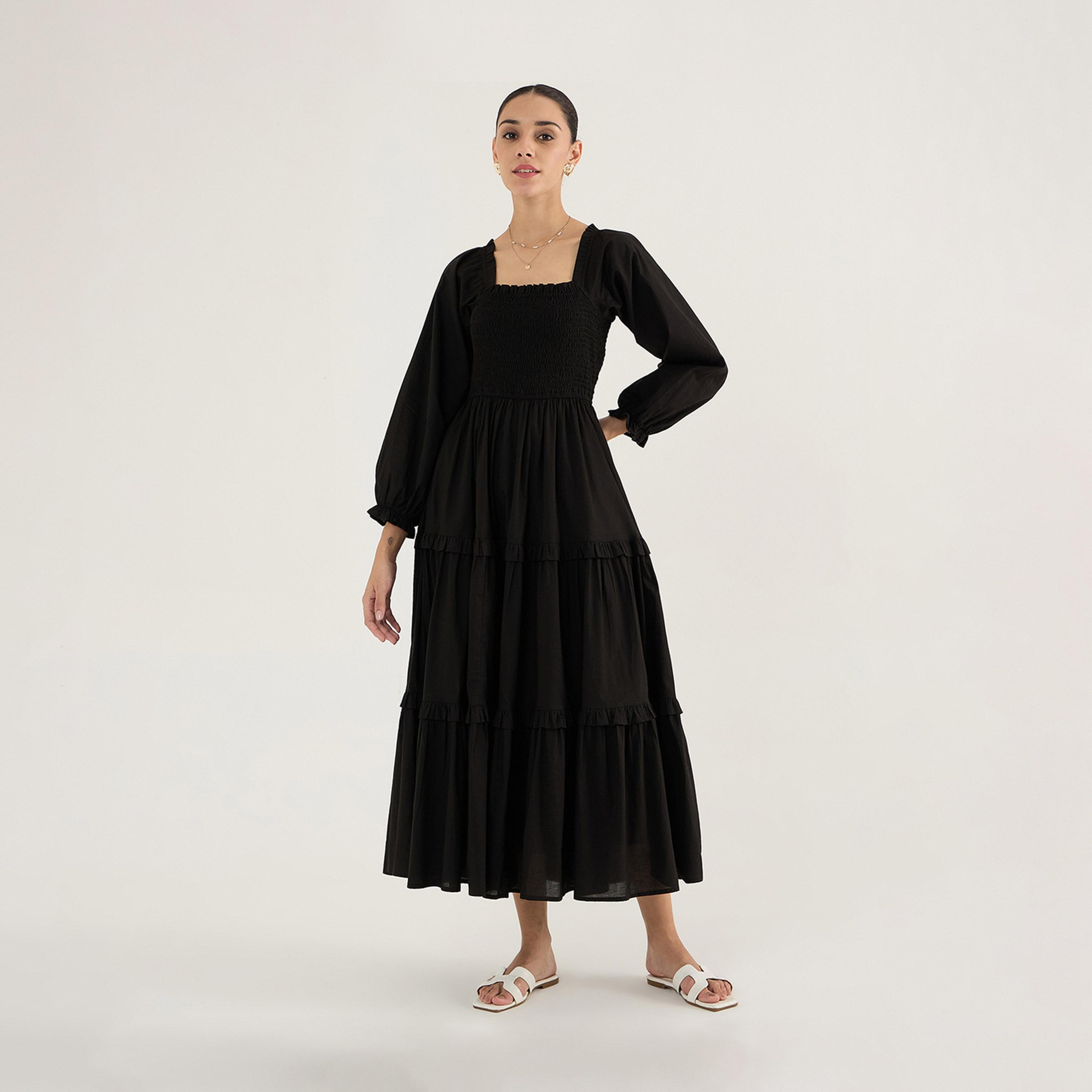 Femmella X Styli Balloon Sleeve Cotton Maxi Dress With Smocked Detail-women-clothing-dresses-image-3
