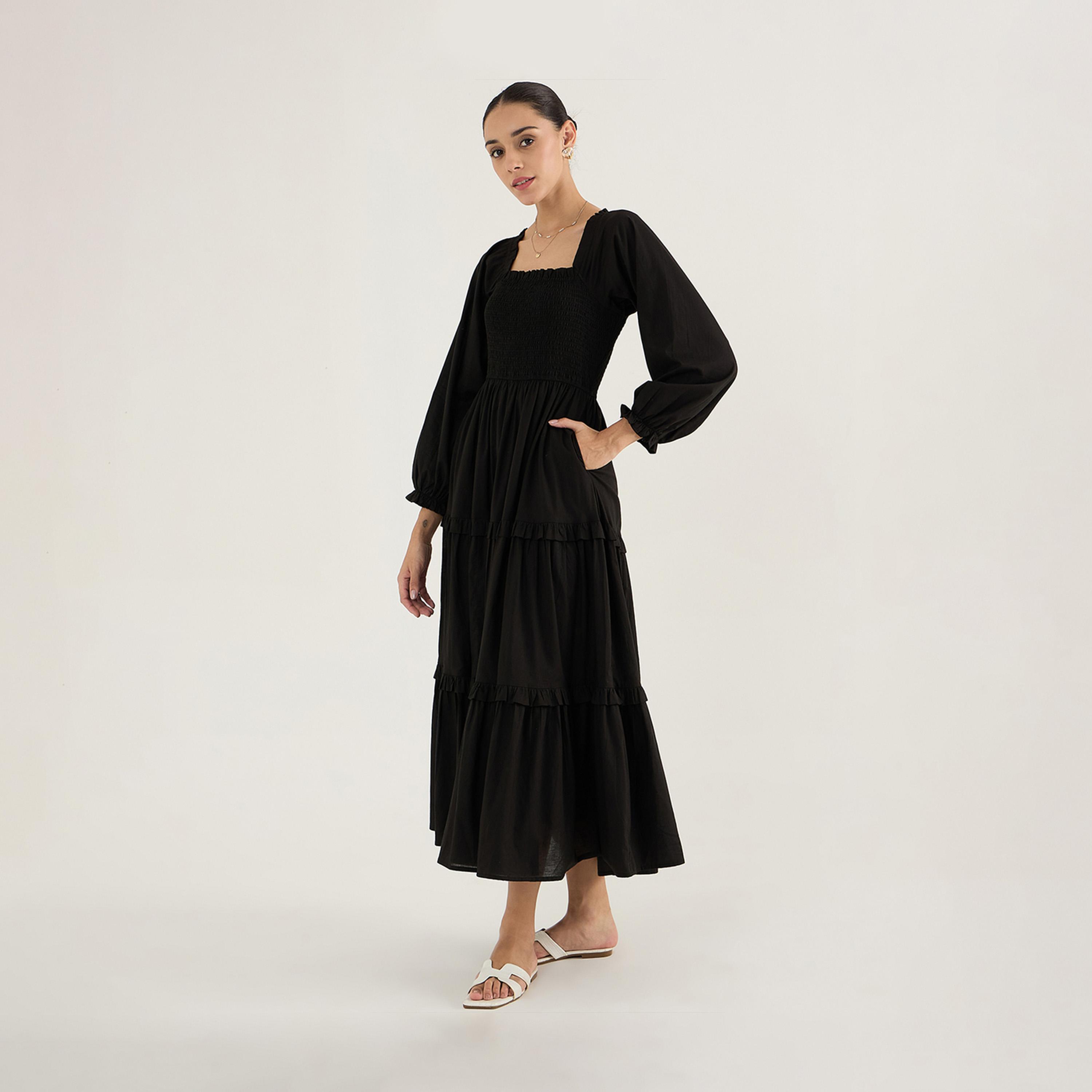 Femmella X Styli Balloon Sleeve Cotton Maxi Dress With Smocked Detail-women-clothing-dresses-image-4