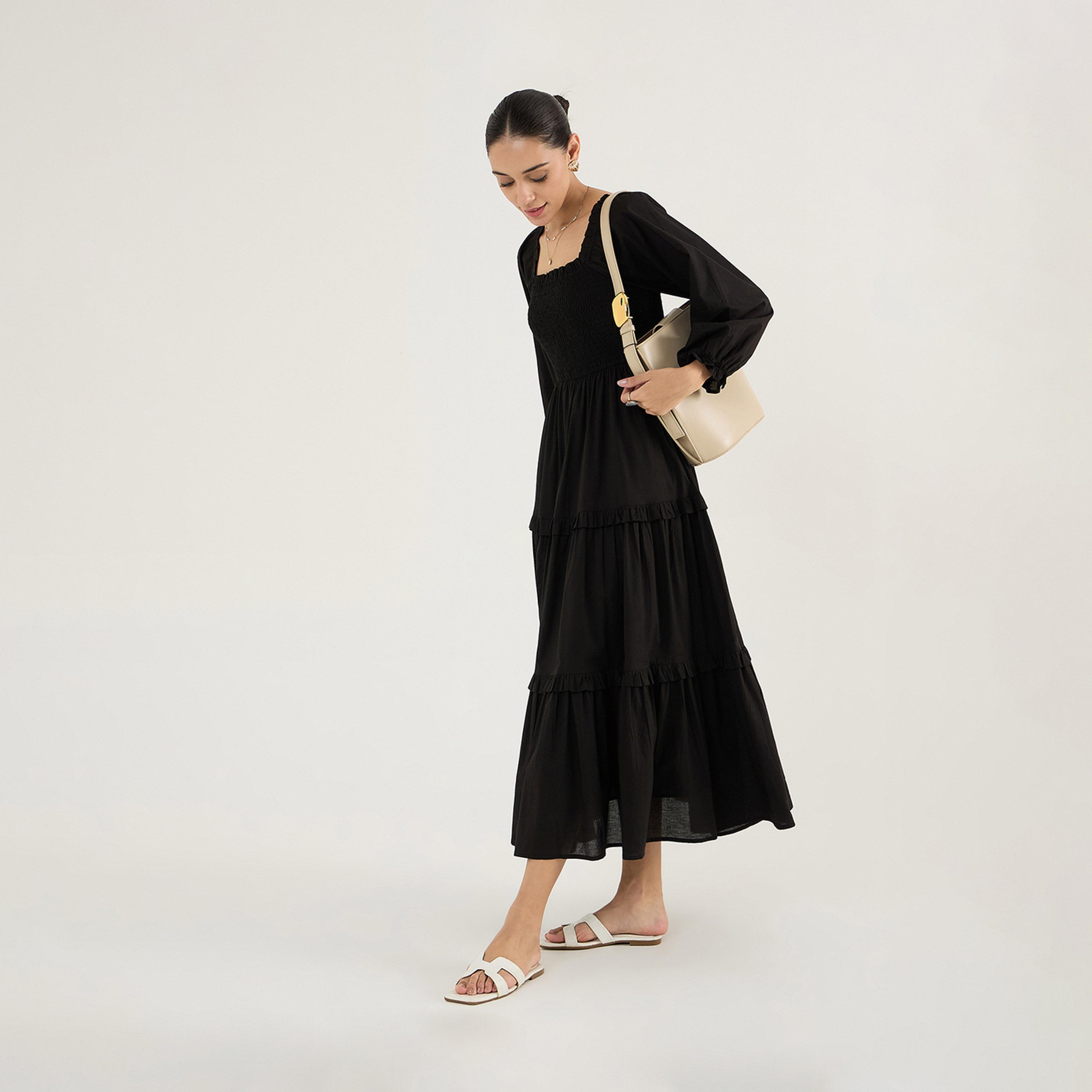 Femmella X Styli Balloon Sleeve Cotton Maxi Dress With Smocked Detail-women-clothing-dresses-image-6