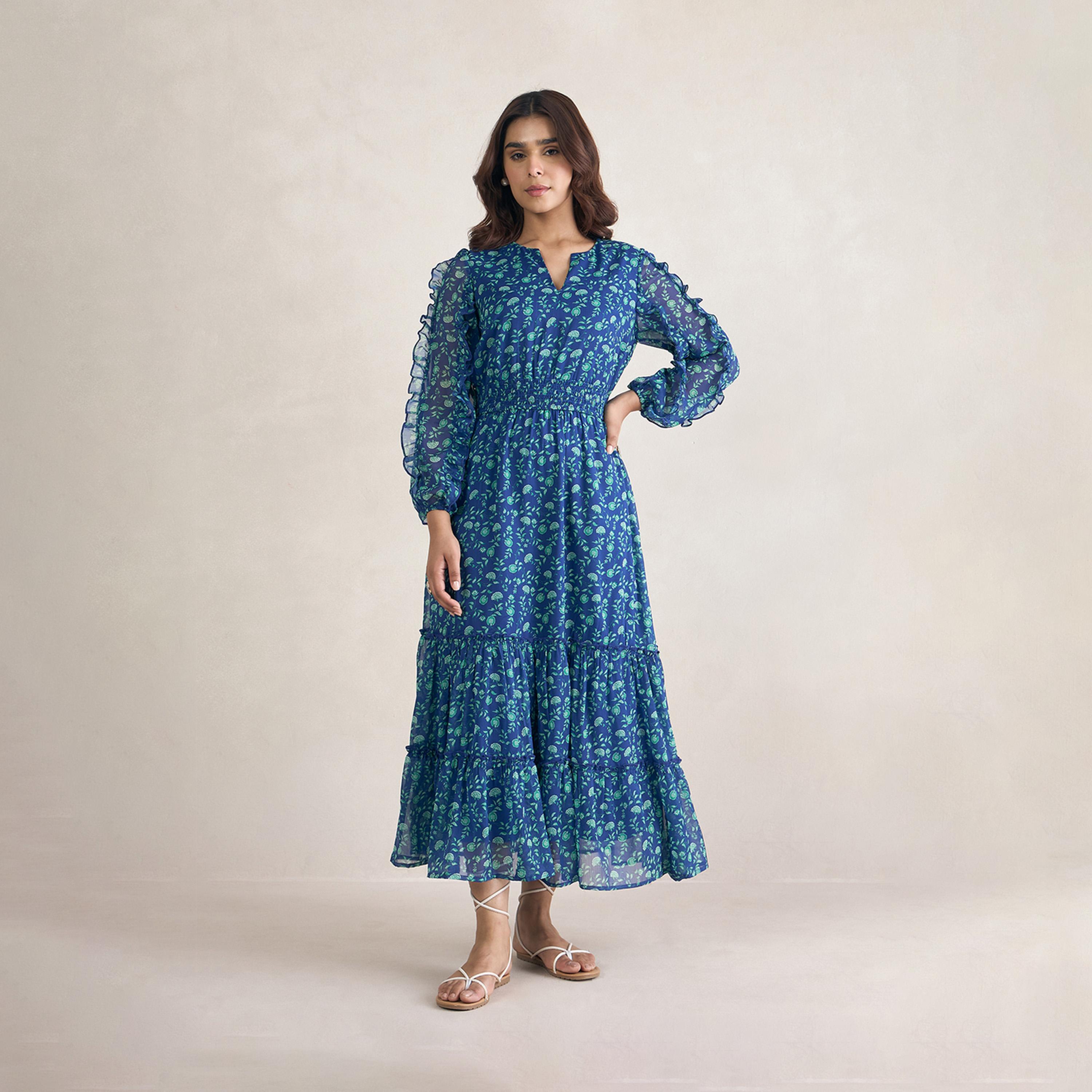 Femmella X Styli Floral Print Ruffle Detail Notch Neck Maxi Dress-women-clothing-dresses-image-1