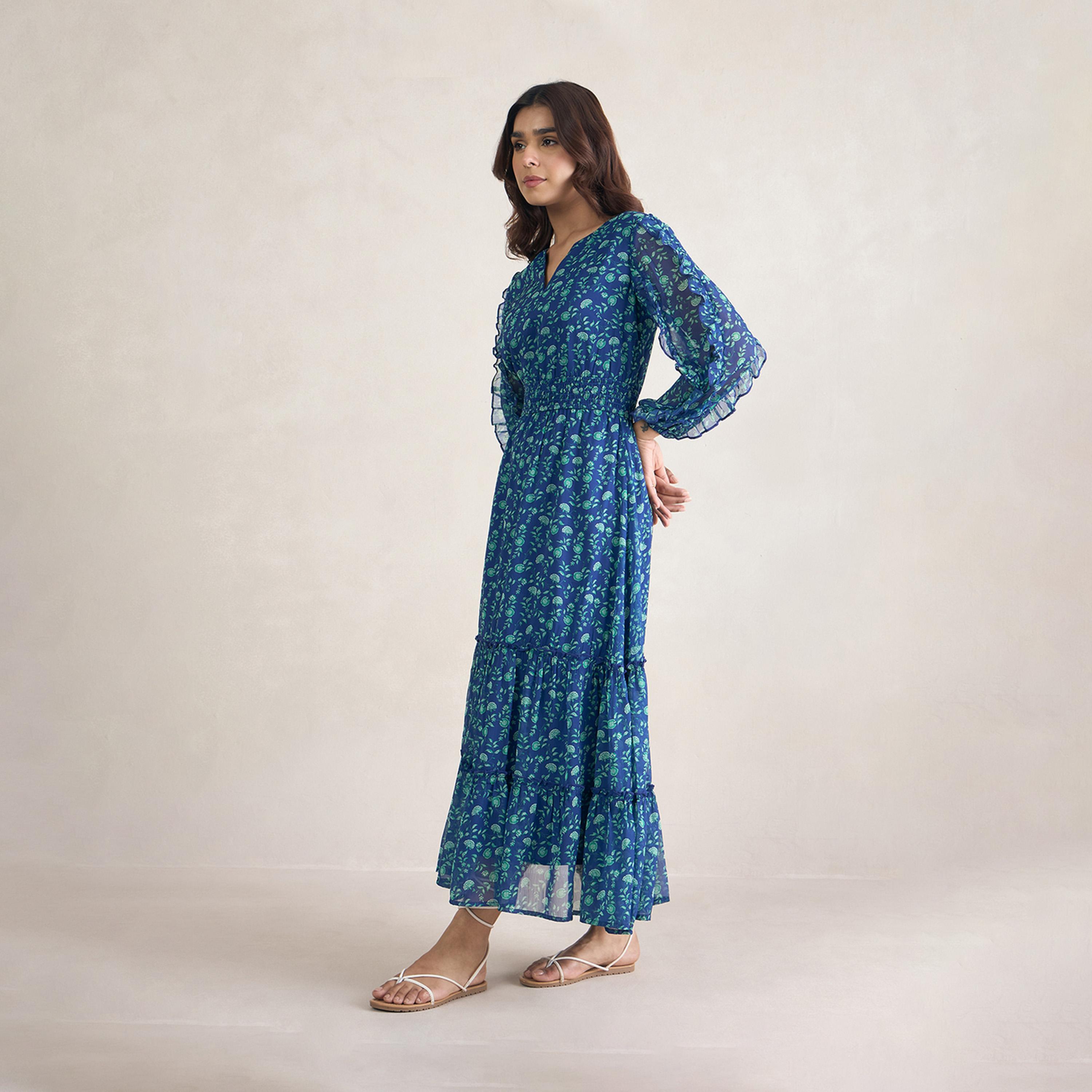 Femmella X Styli Floral Print Ruffle Detail Notch Neck Maxi Dress-women-clothing-dresses-image-2