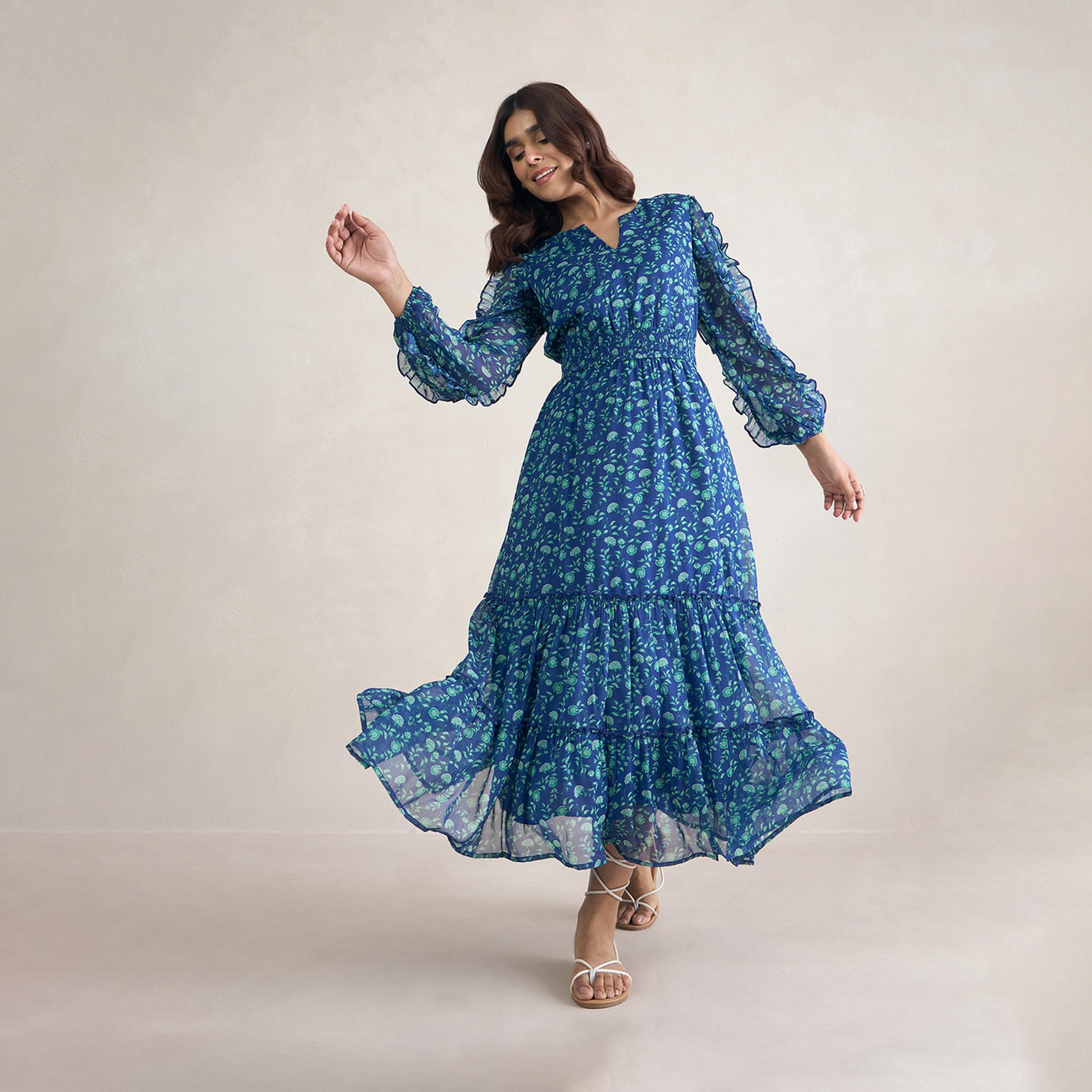 Femmella X Styli Floral Print Ruffle Detail Notch Neck Maxi Dress-women-clothing-dresses-image-4