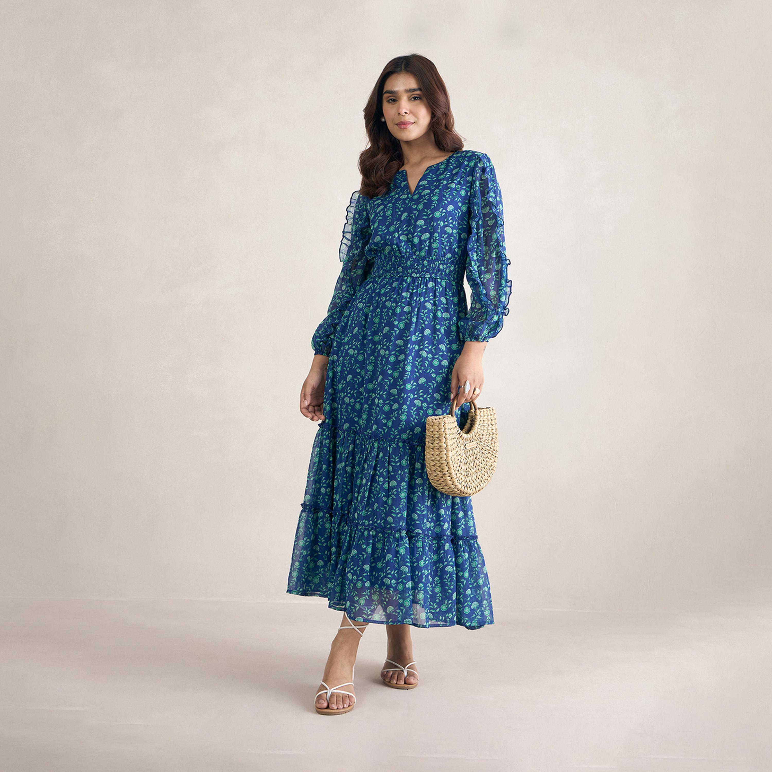 Femmella X Styli Floral Print Ruffle Detail Notch Neck Maxi Dress-women-clothing-dresses-image-5