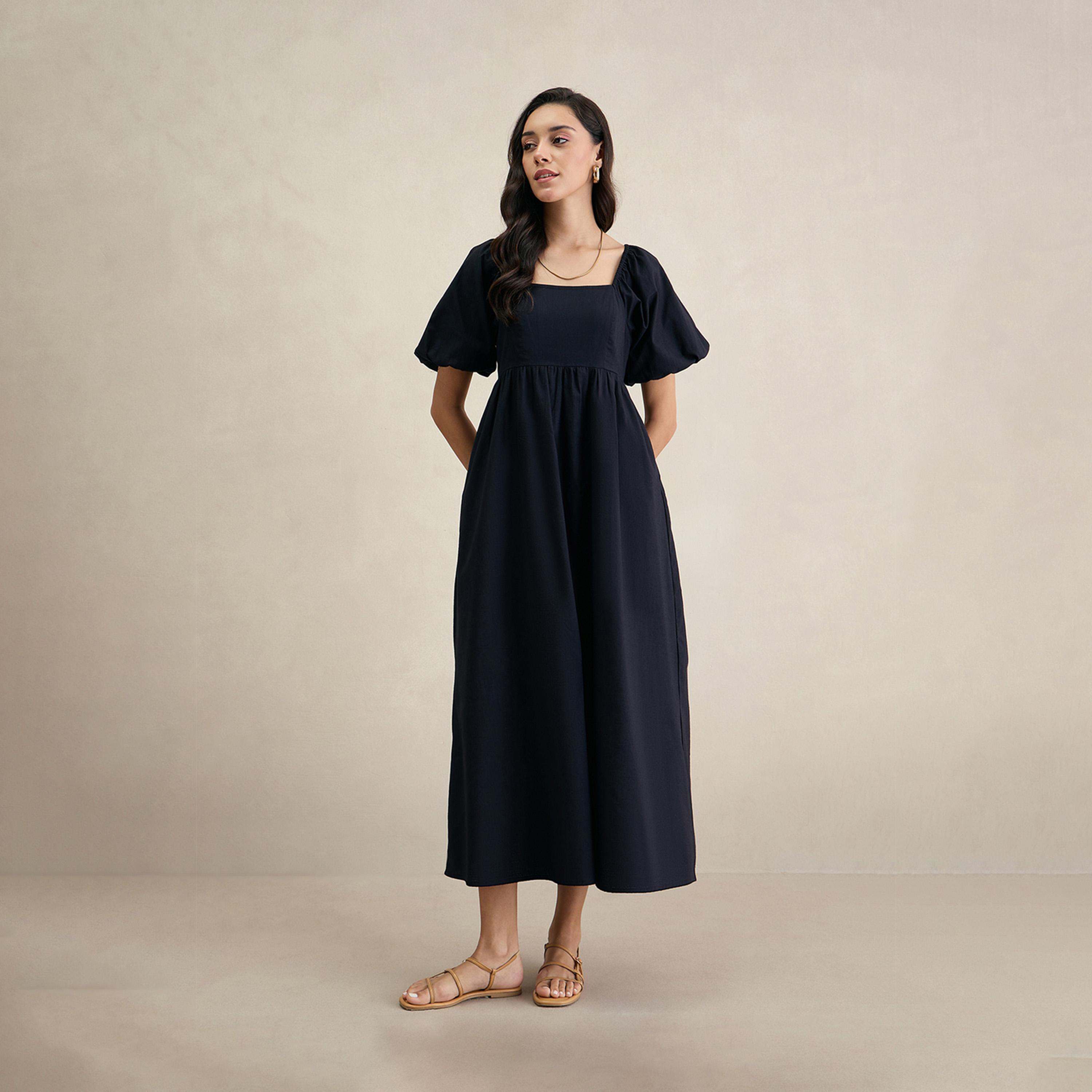 Femmella X Styli Cotton Puff Sleeves Square Neck Maxi Dress-women-clothing-dresses-image-1