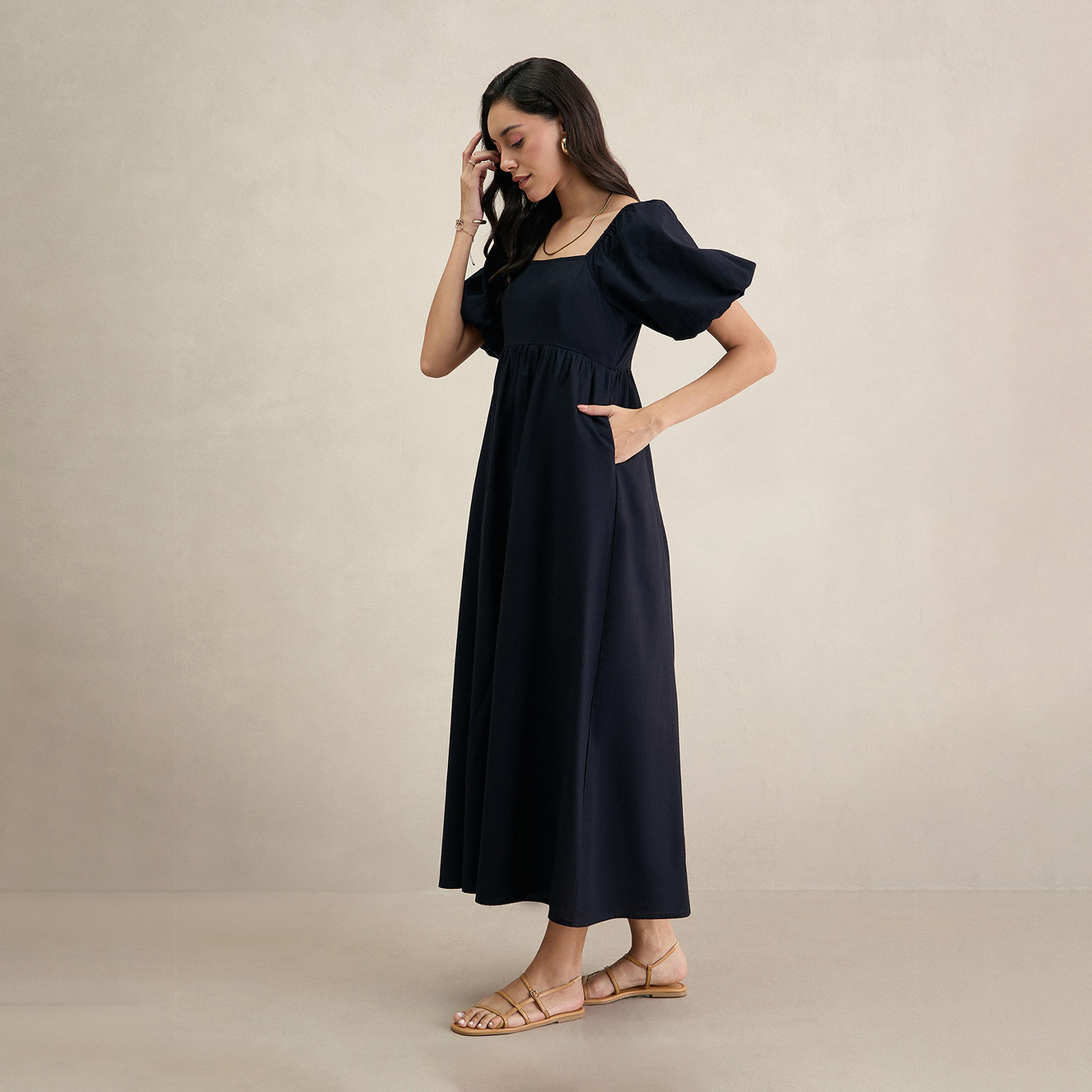 Femmella X Styli Cotton Puff Sleeves Square Neck Maxi Dress-women-clothing-dresses-image-3