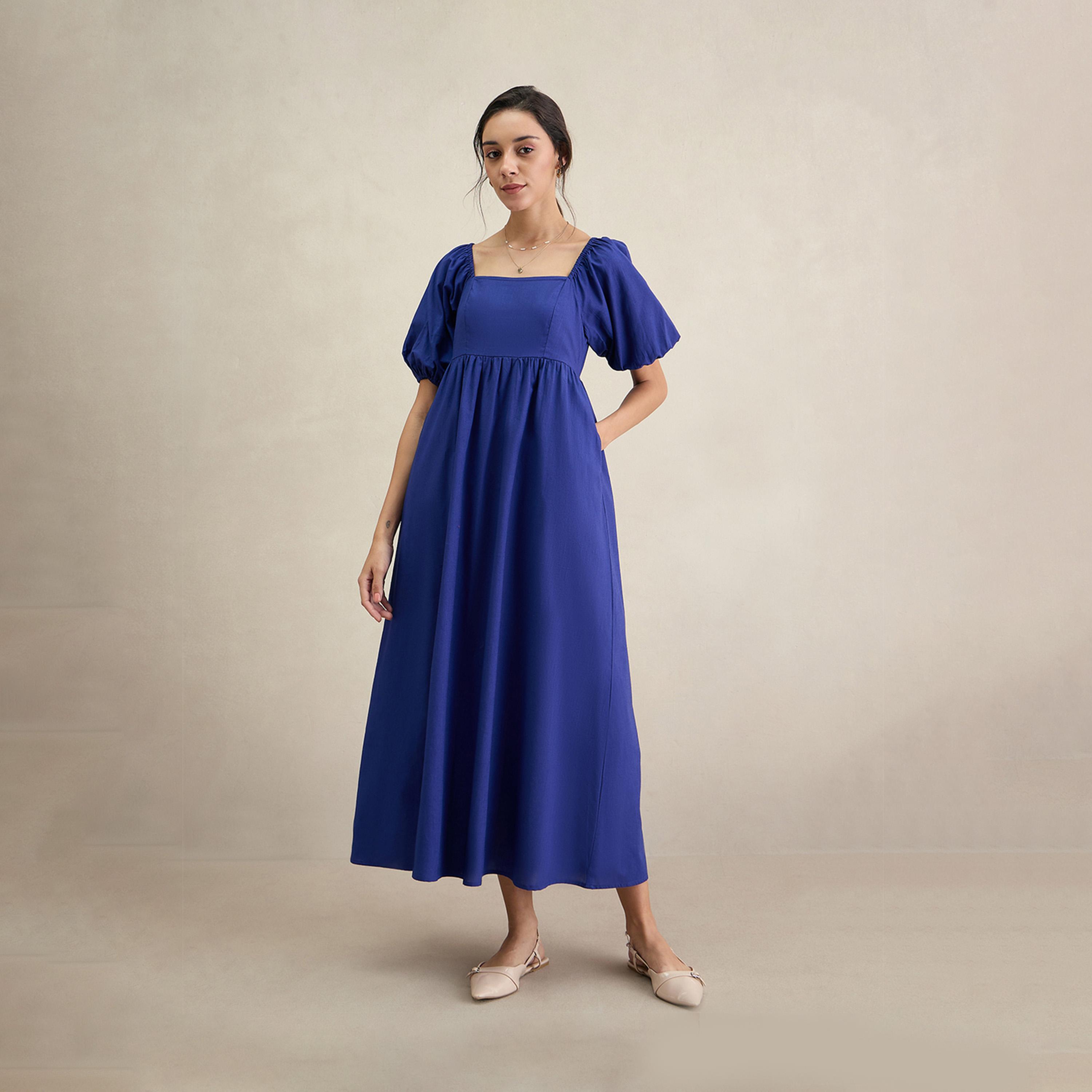 فيميلا × ستايلي - فستان ماكسي من القطن بأكمام منفوخة ورقبة مربعة-women-clothing-dresses-image-1
