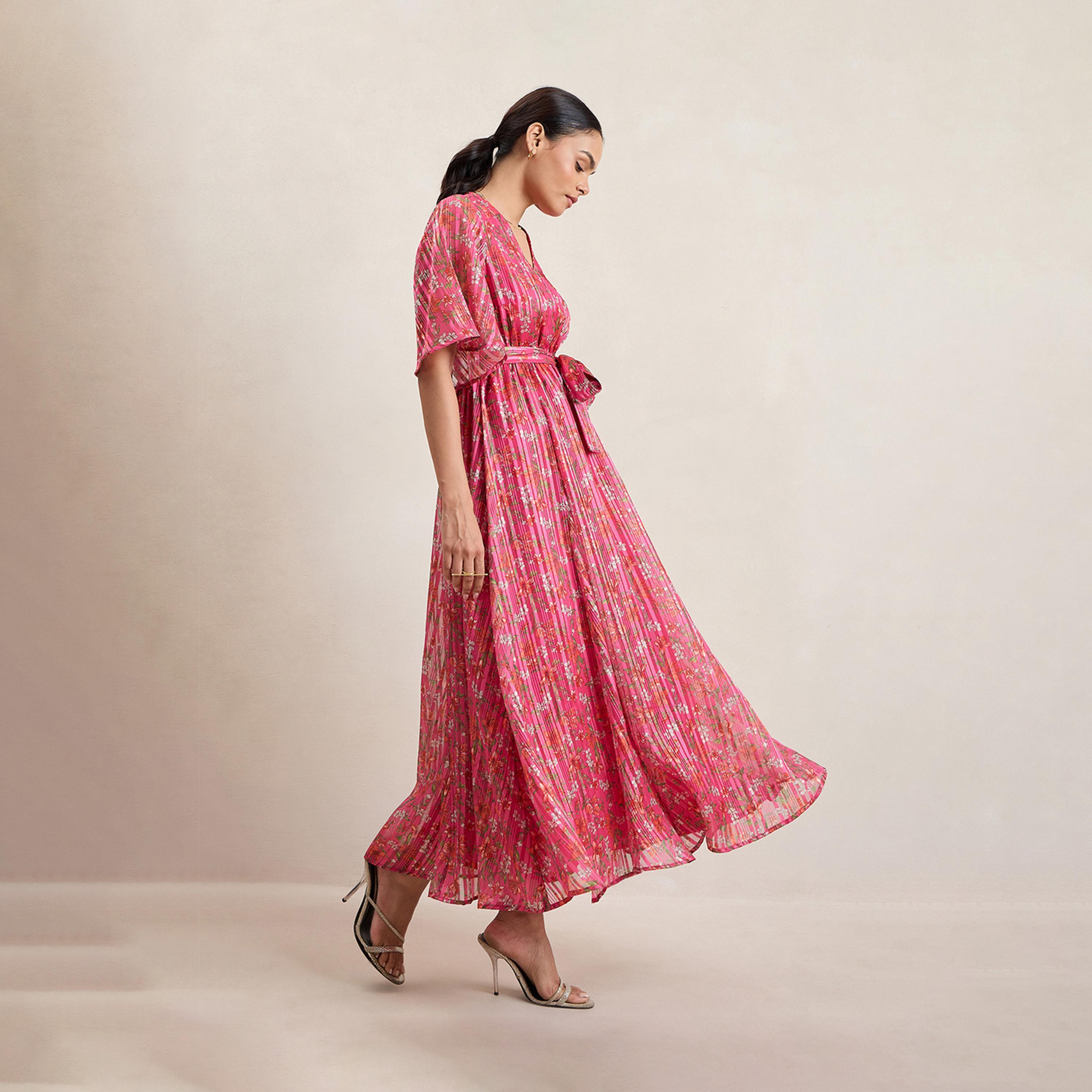 فيميلا × ستايلي - فستان ماكسي ملفوف بطبعات الأزهار مع رباط على الخصر-women-clothing-dresses-image-2