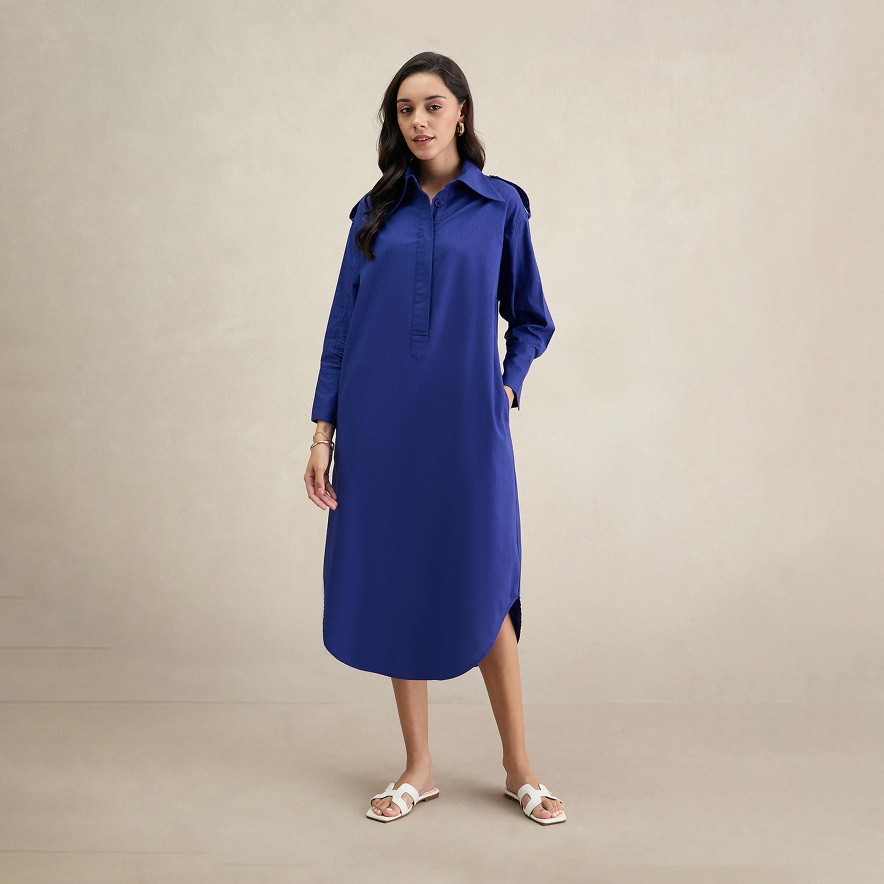فيميلا × ستايلي - فستان قميص متوسط الطول من القطن بياقة-women-clothing-dresses-image-1