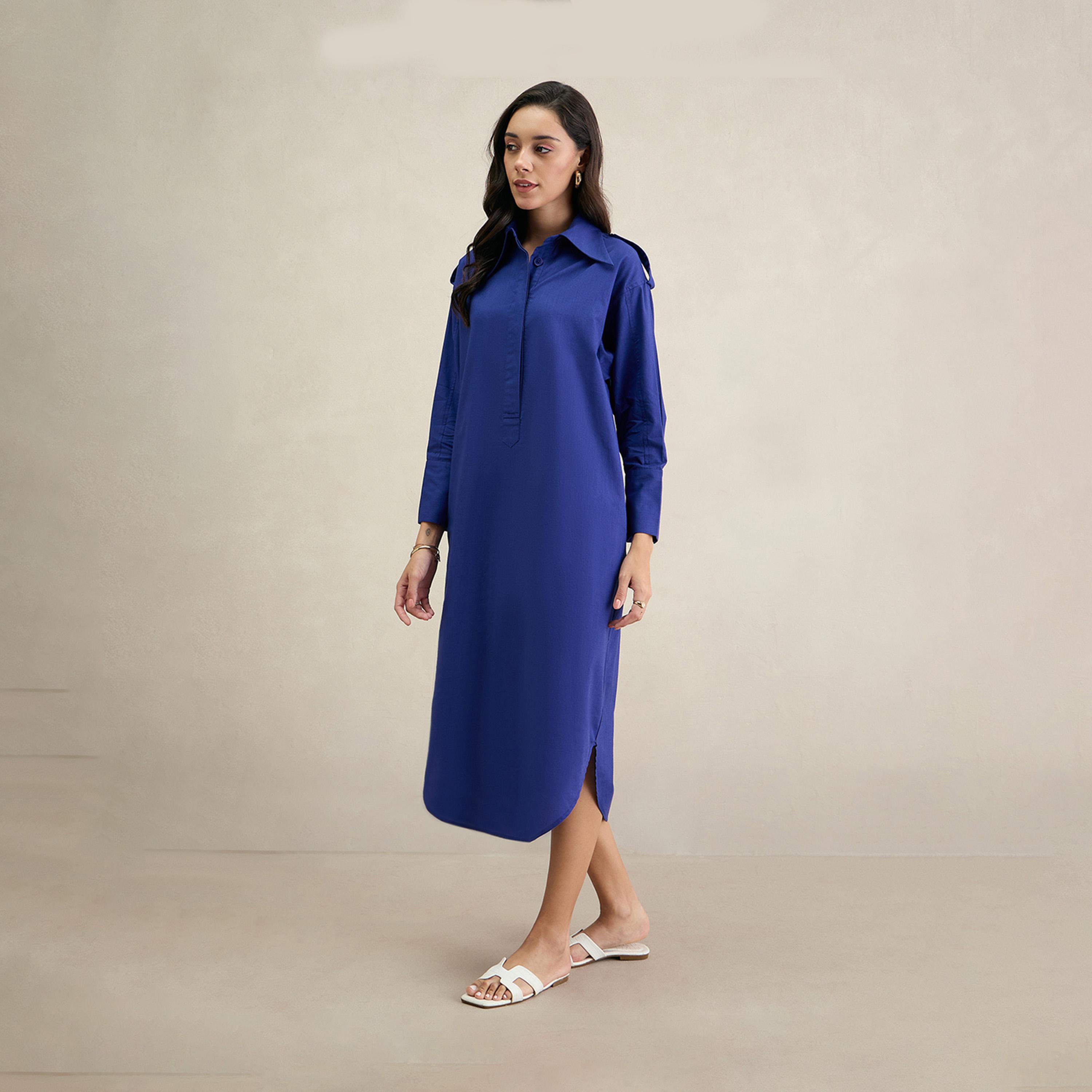 فيميلا × ستايلي - فستان قميص متوسط الطول من القطن بياقة-women-clothing-dresses-image-3