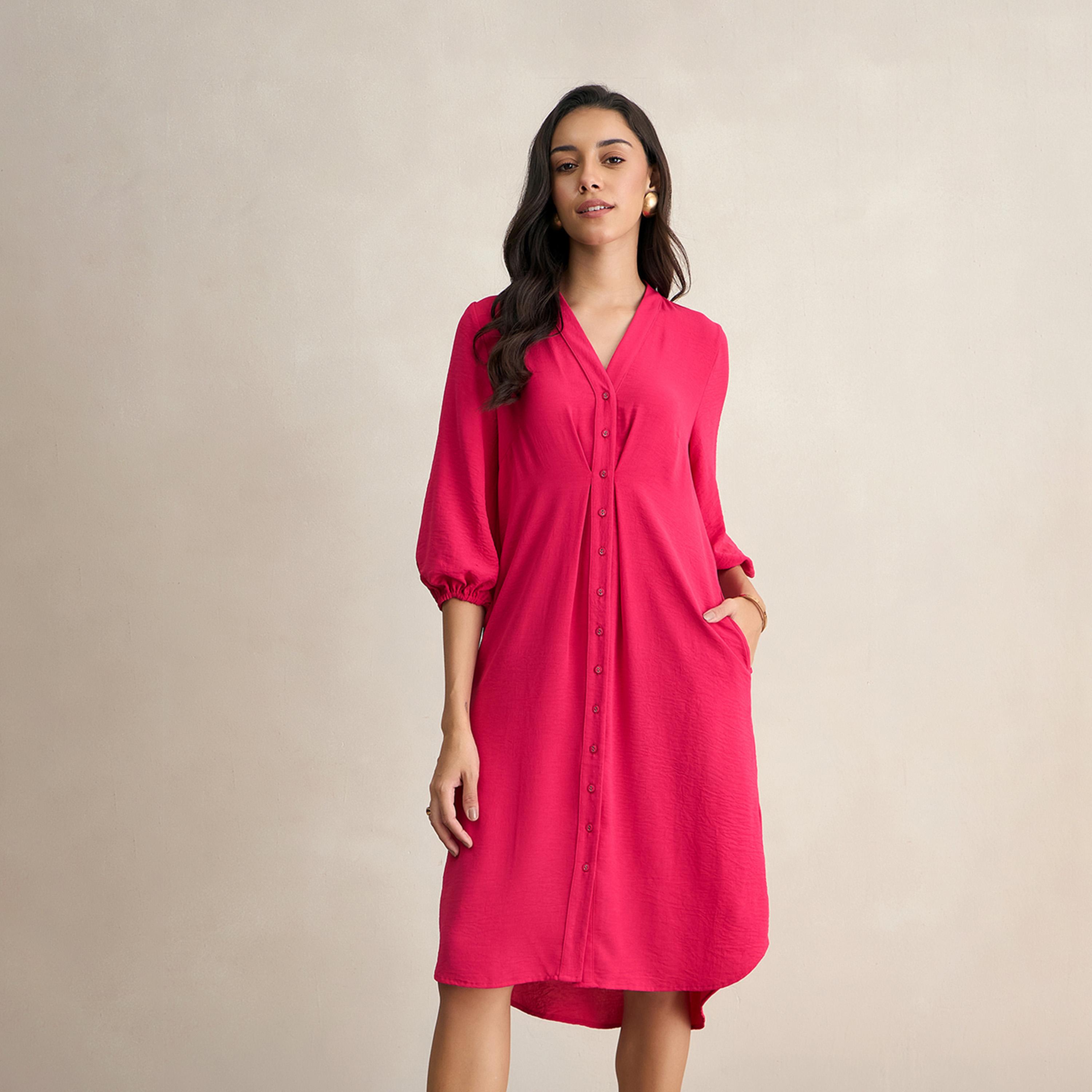 Femmella X Styli Textured Button Down V-Neck Knee Length Dress-women-clothing-dresses-image-1