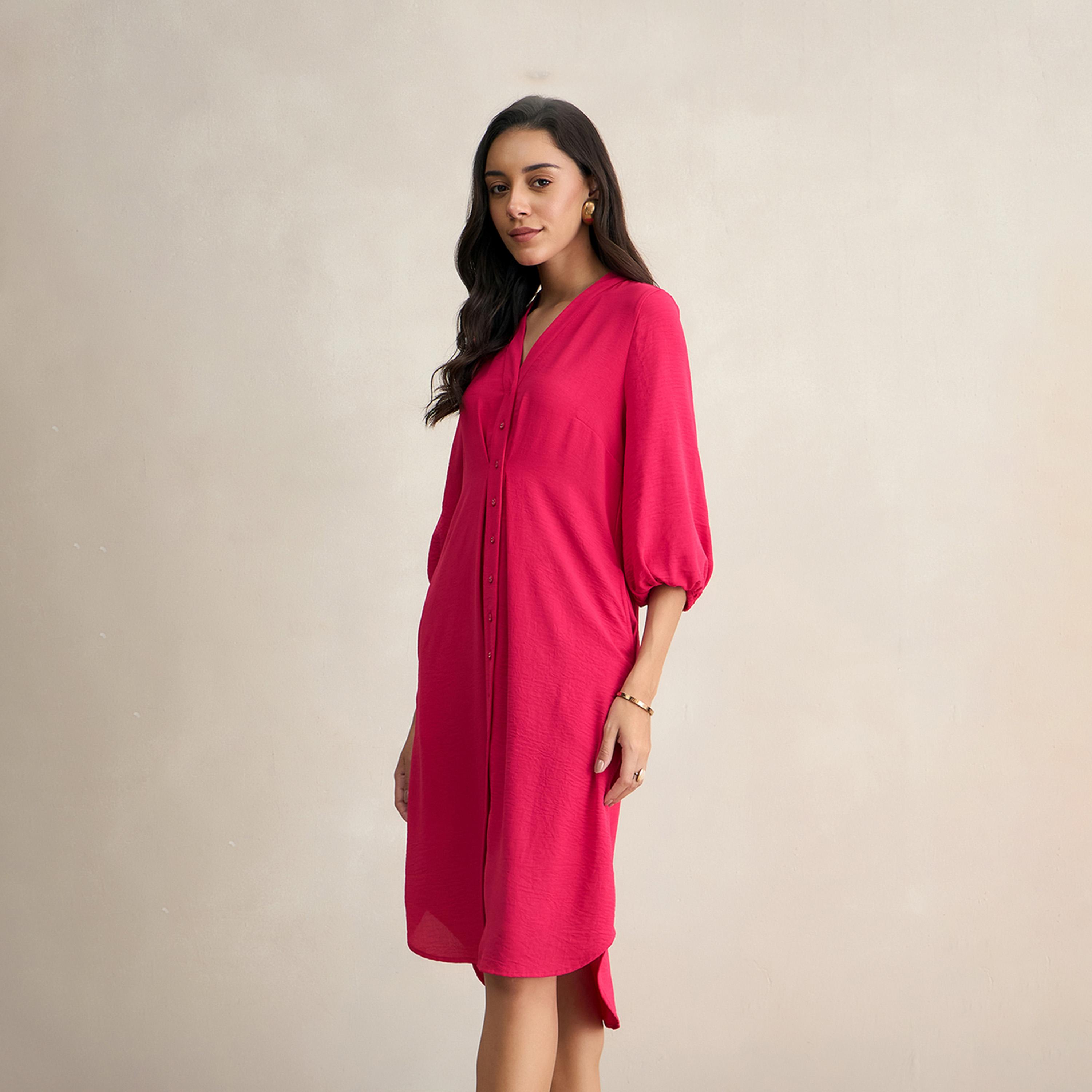 Femmella X Styli Textured Button Down V-Neck Knee Length Dress-women-clothing-dresses-image-3