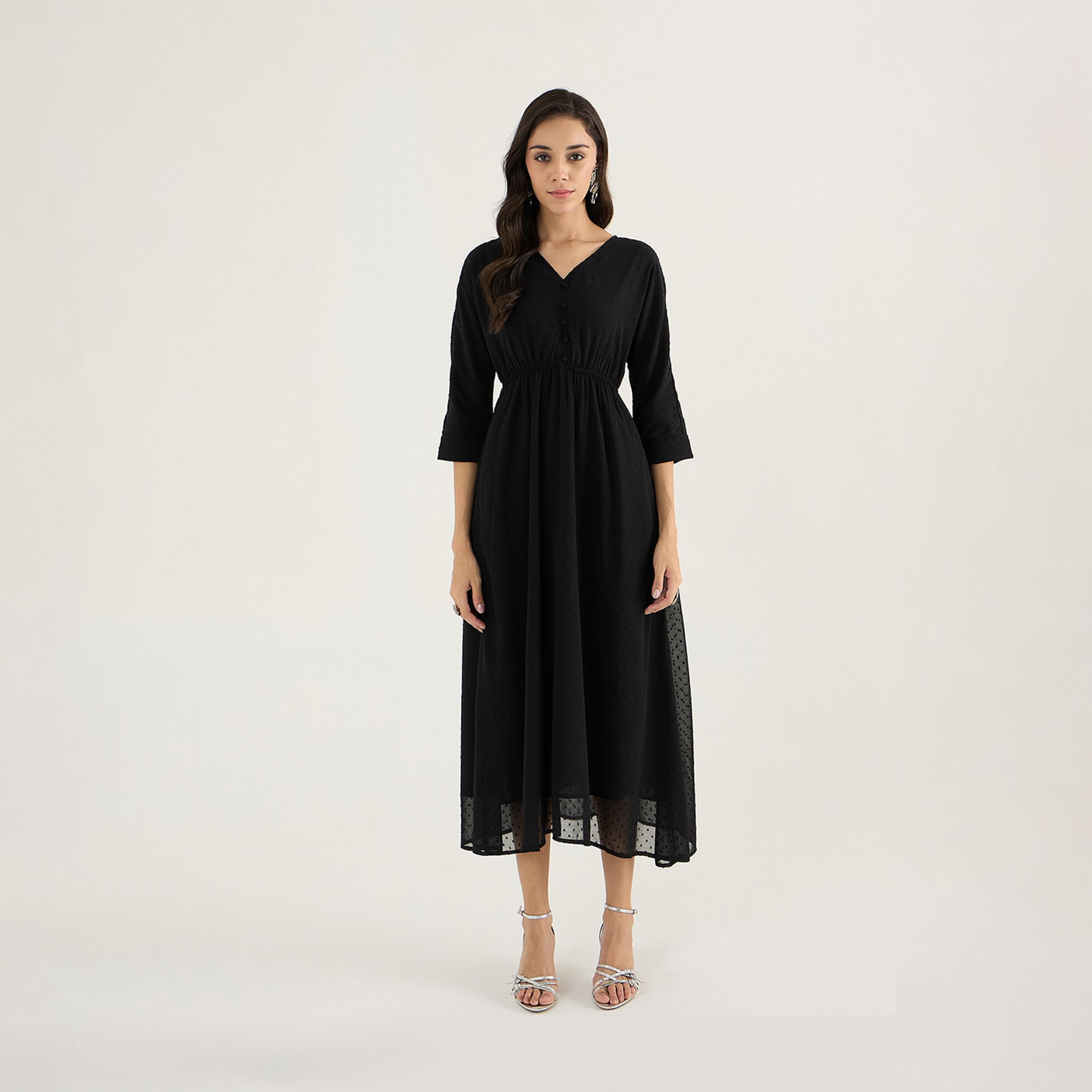 Femmella X Styli Textured Dobby V-Neck A-Line Midi Dress-women-clothing-dresses-image-1