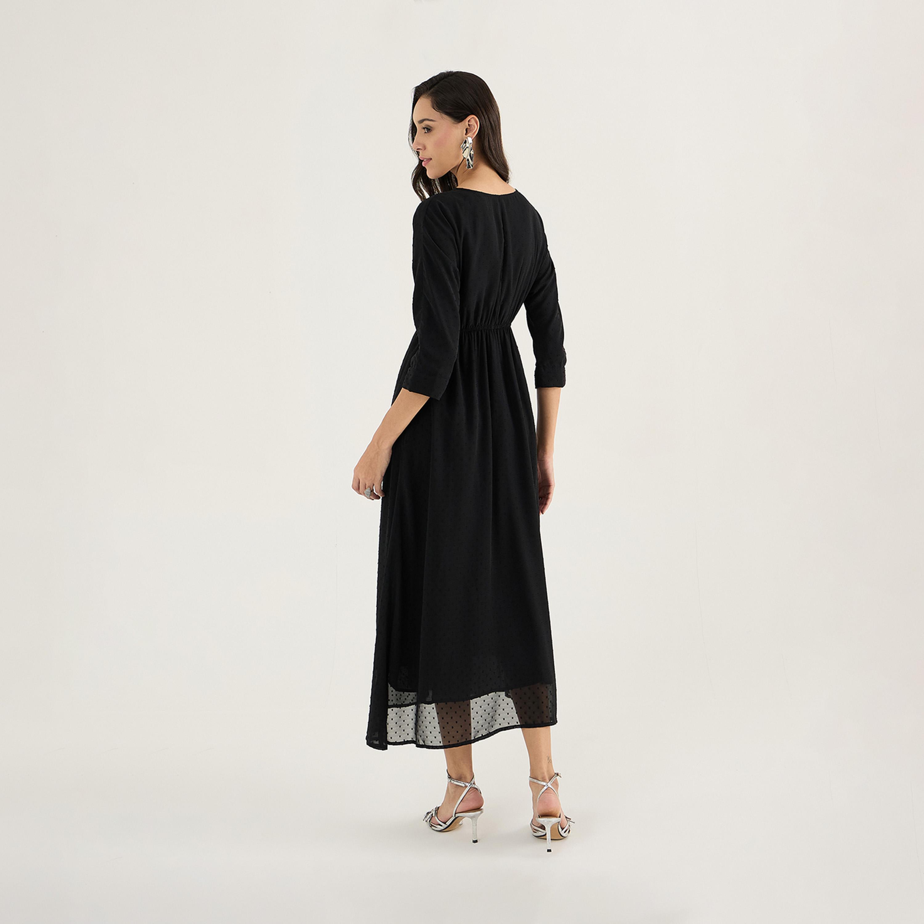 Femmella X Styli Textured Dobby V-Neck A-Line Midi Dress-women-clothing-dresses-image-2