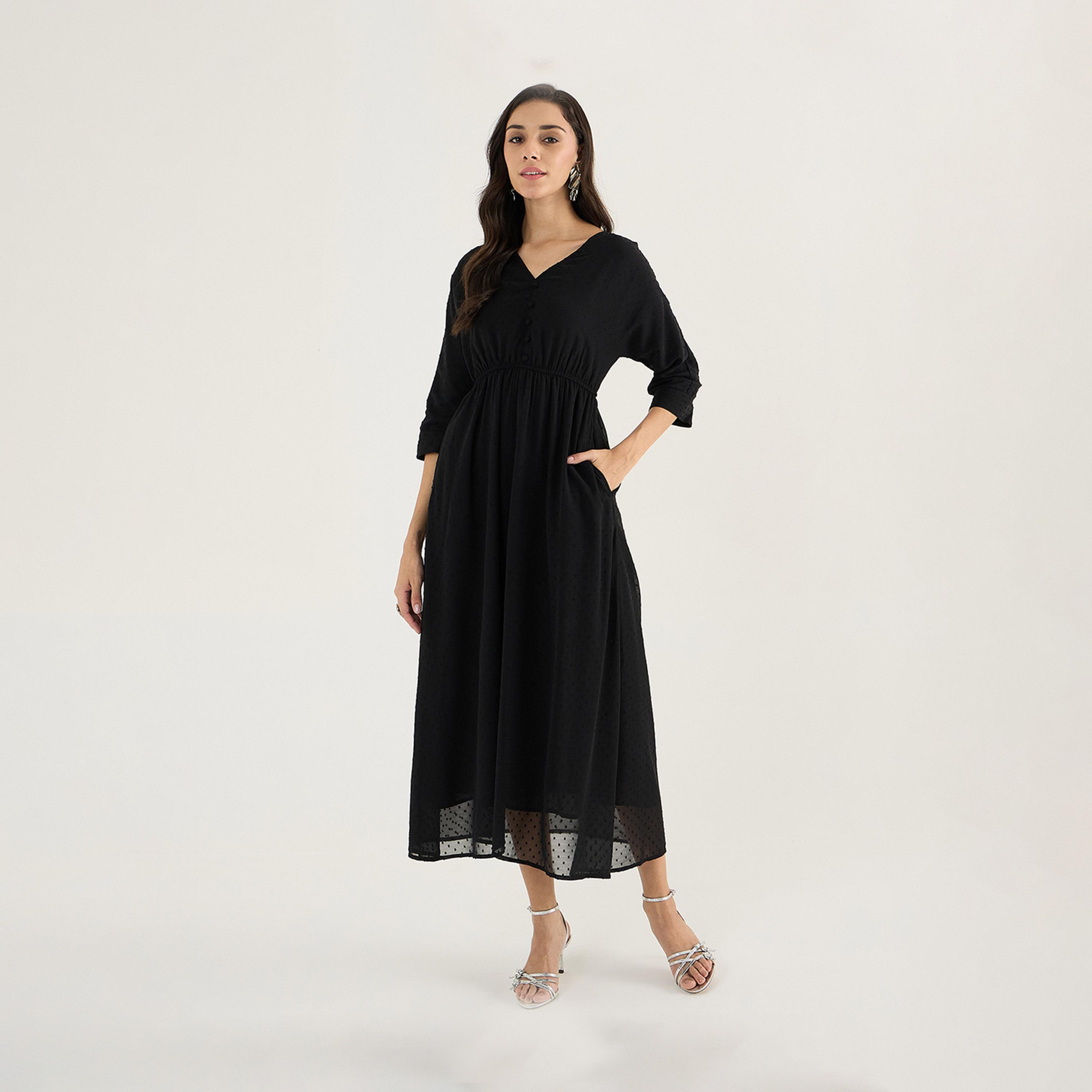 Femmella X Styli Textured Dobby V-Neck A-Line Midi Dress-women-clothing-dresses-image-3