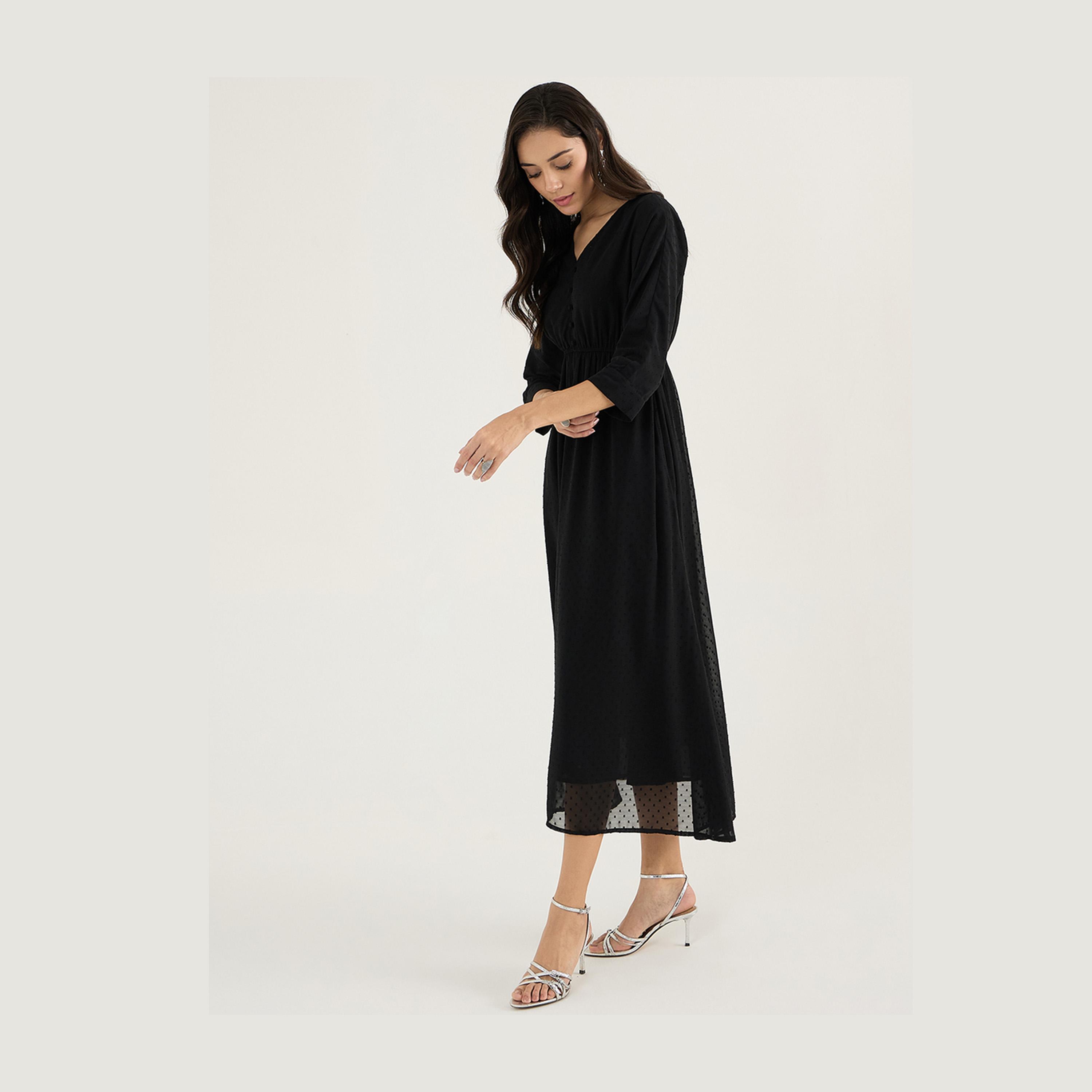 Femmella X Styli Textured Dobby V-Neck A-Line Midi Dress-women-clothing-dresses-image-4