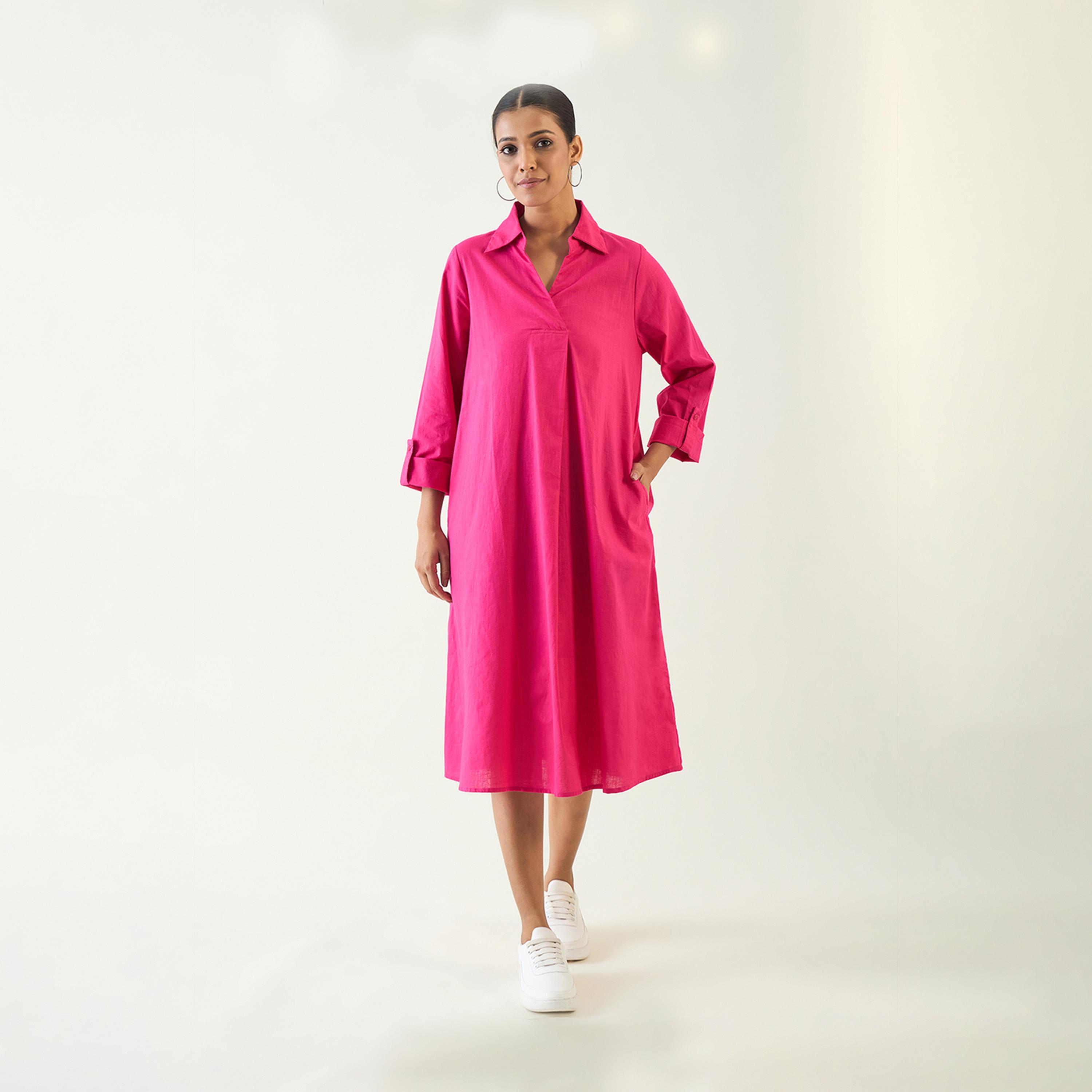 Femmella X Styli Solid Collared Cotton A-Line Midi Dress-women-clothing-dresses-image-1