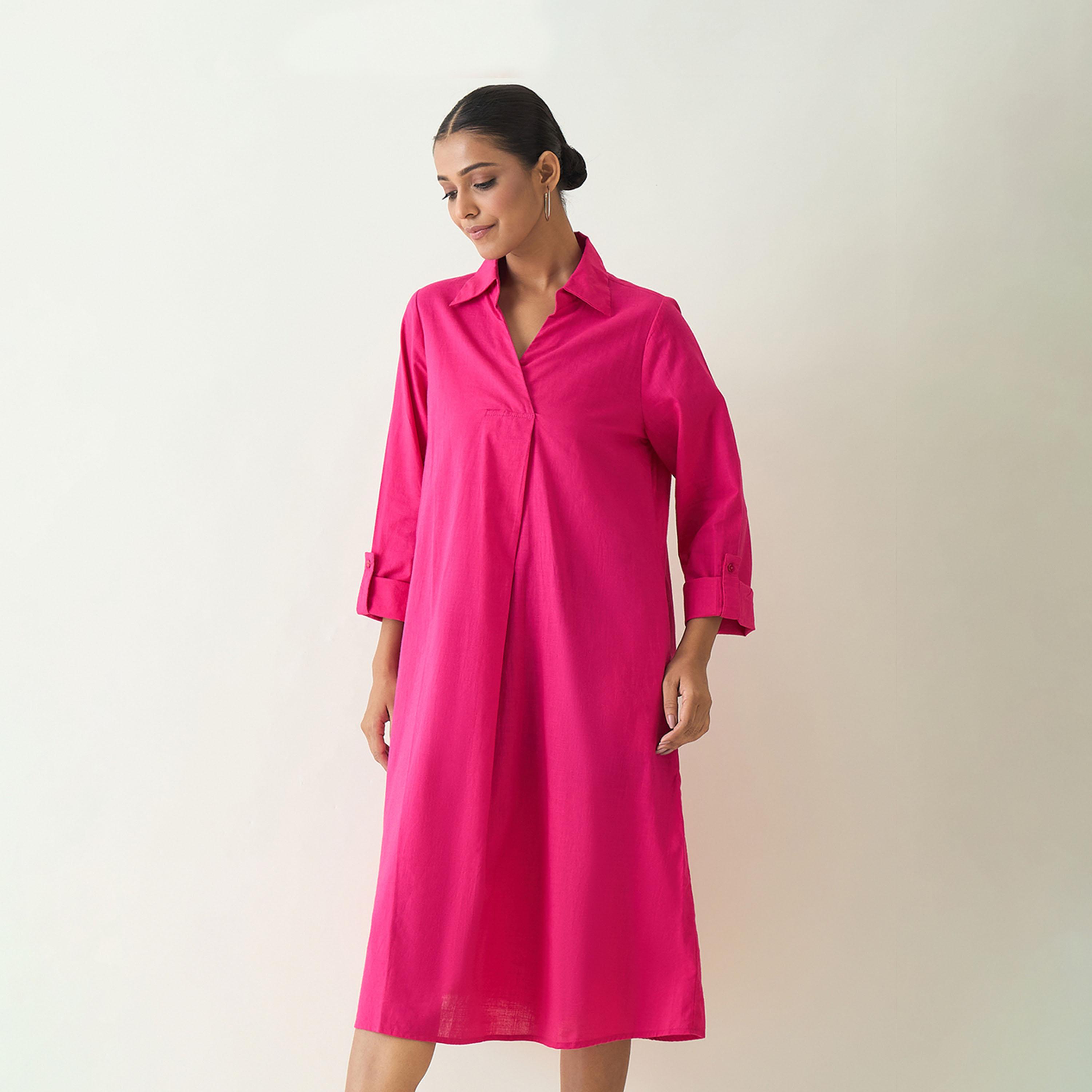 Femmella X Styli Solid Collared Cotton A-Line Midi Dress-women-clothing-dresses-image-2