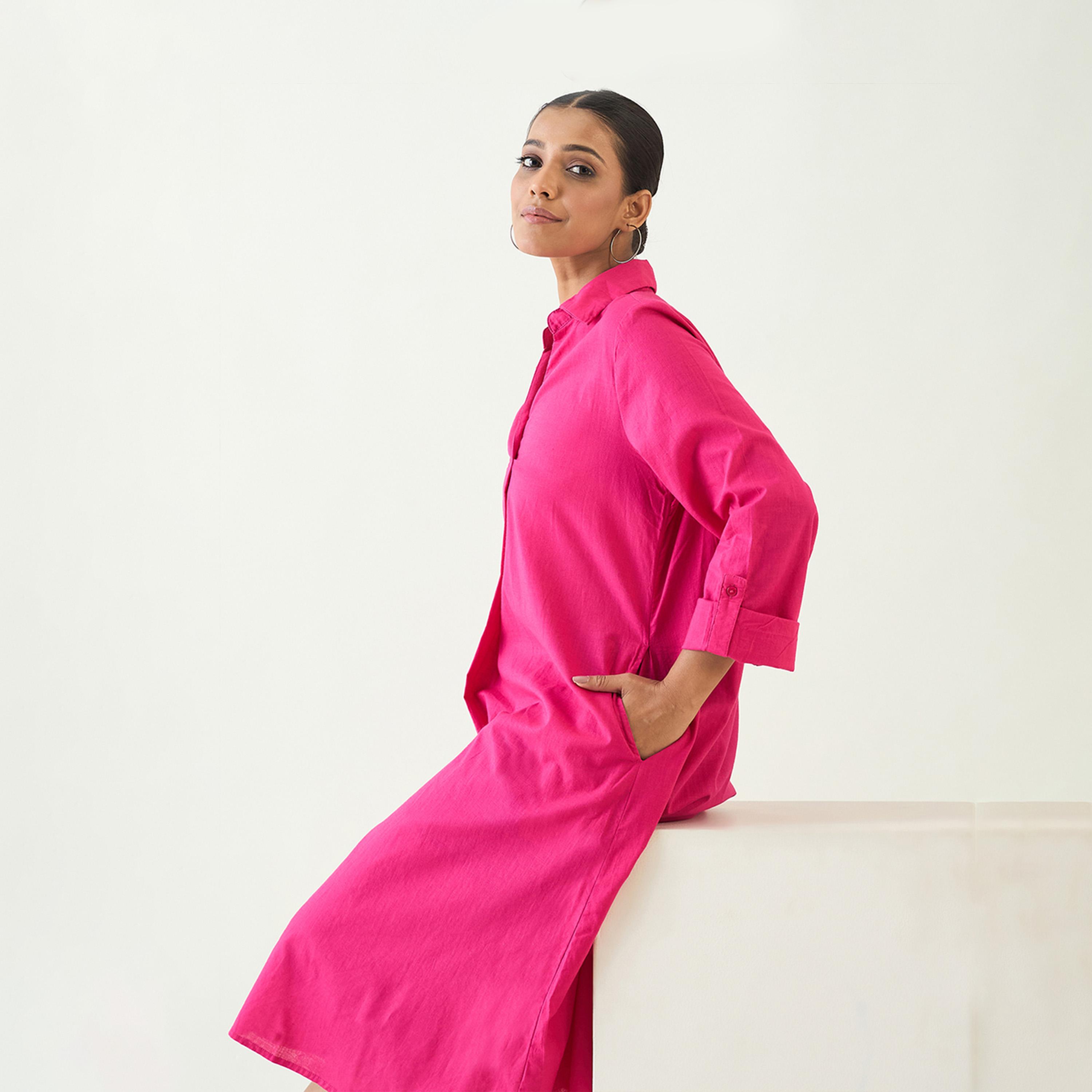 Femmella X Styli Solid Collared Cotton A-Line Midi Dress-women-clothing-dresses-image-3