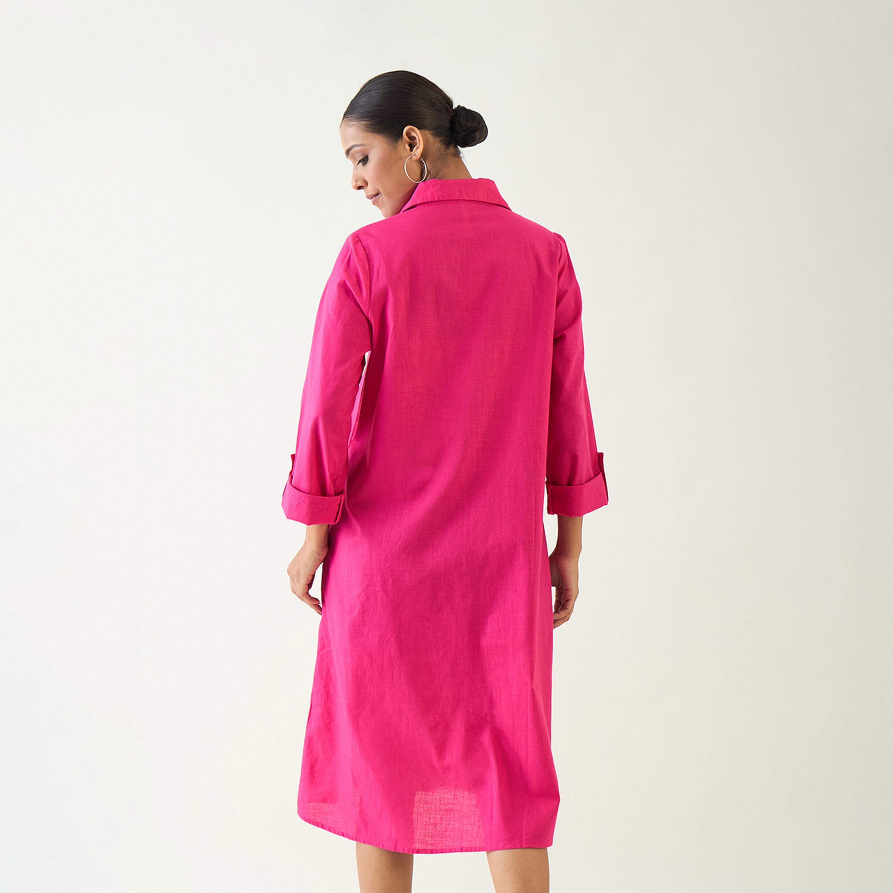 فيميلا × ستايلي - فستان ميدي من من القطن بياقة سادة وقصة A-women-clothing-dresses-image-4