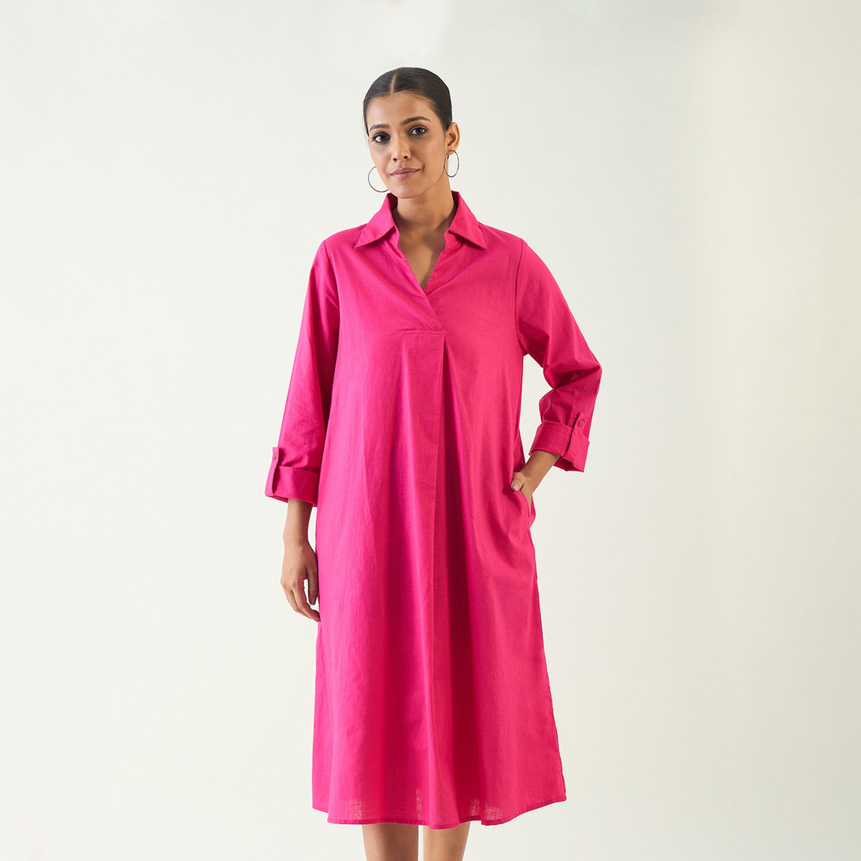 فيميلا × ستايلي - فستان ميدي من من القطن بياقة سادة وقصة A-women-clothing-dresses-image-5