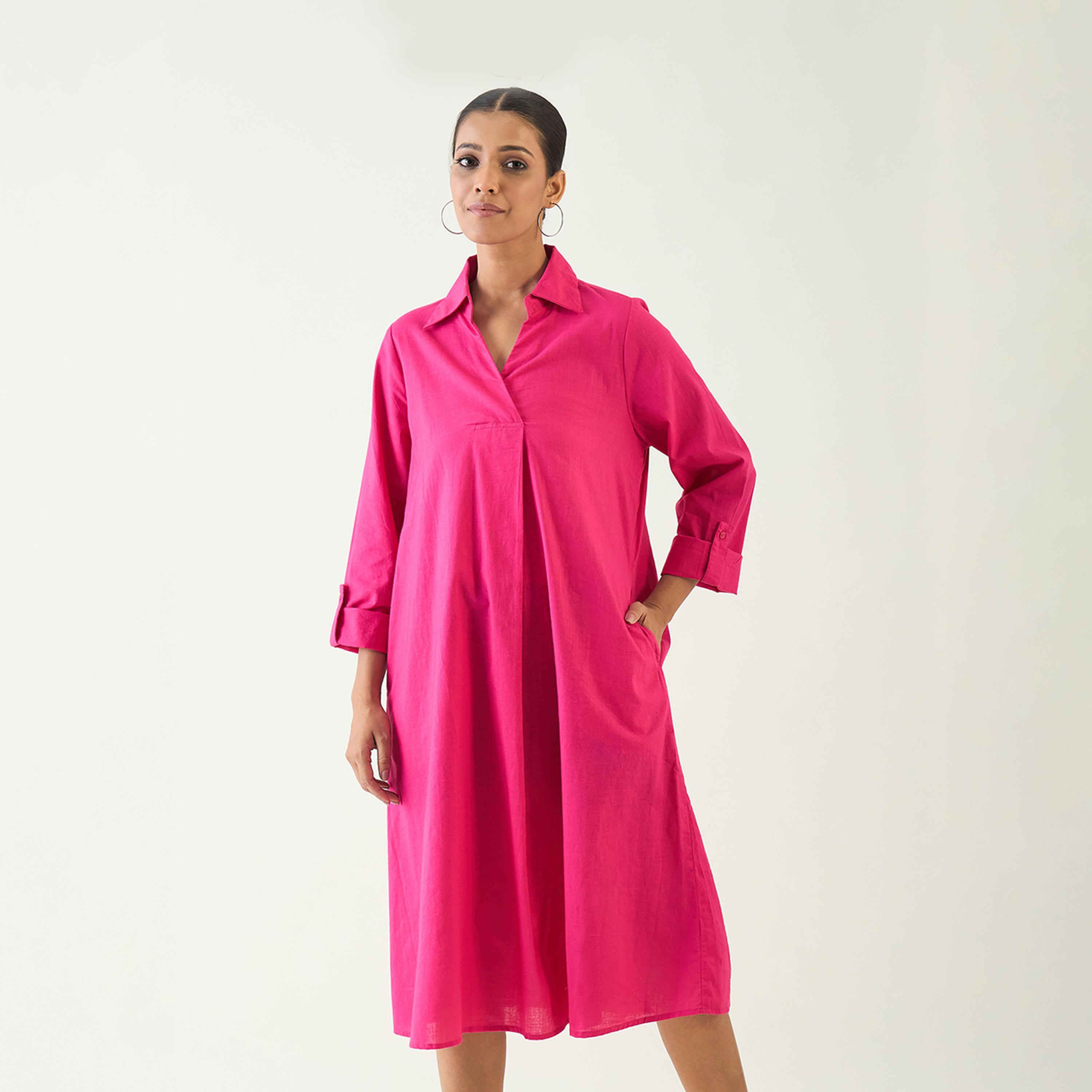 فيميلا × ستايلي - فستان ميدي من من القطن بياقة سادة وقصة A-women-clothing-dresses-image-6