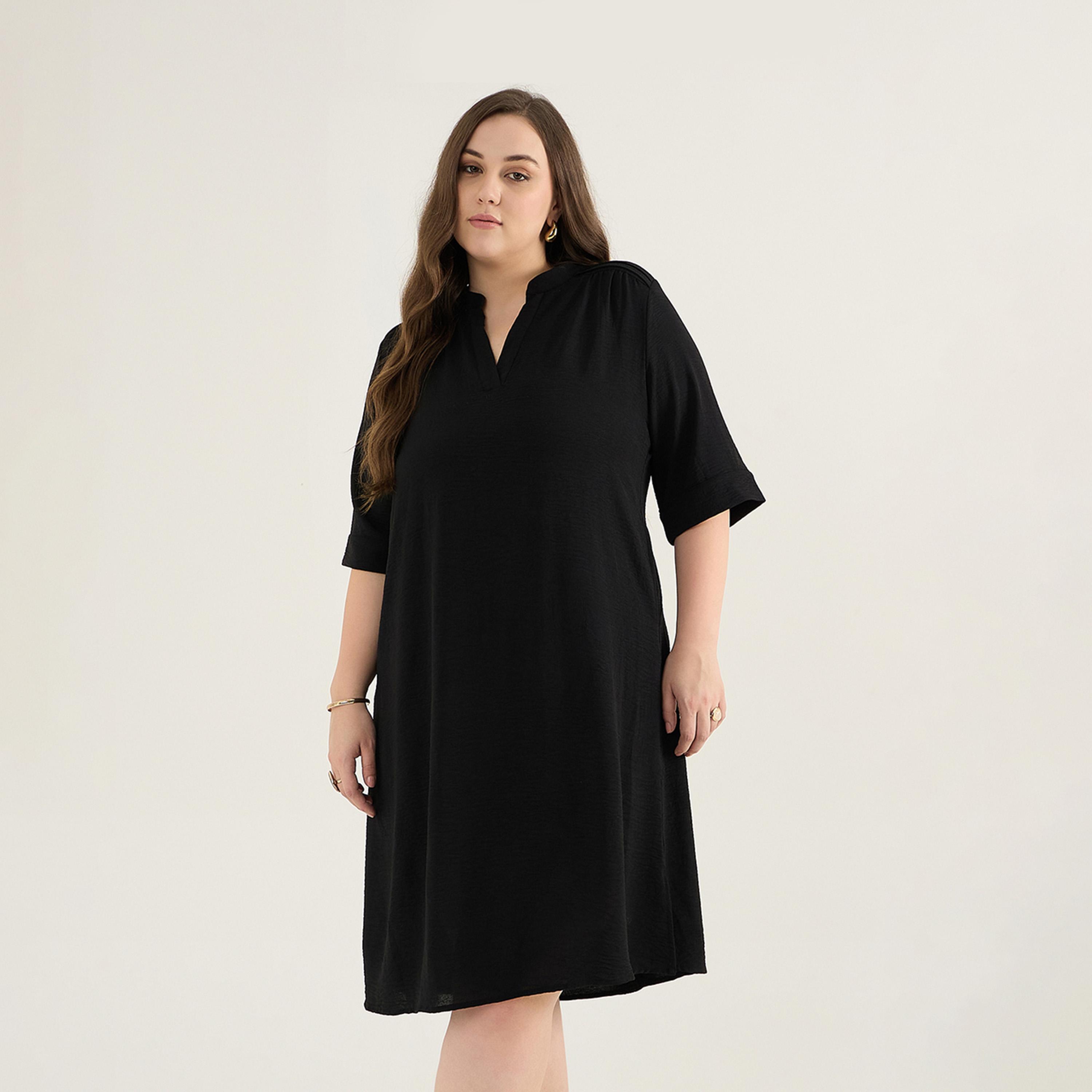 فيميلا × ستايلي - فستان مقاس كبير بطول الركبة وفتحة رقبة على شكل V-women-clothing-dresses-image-1