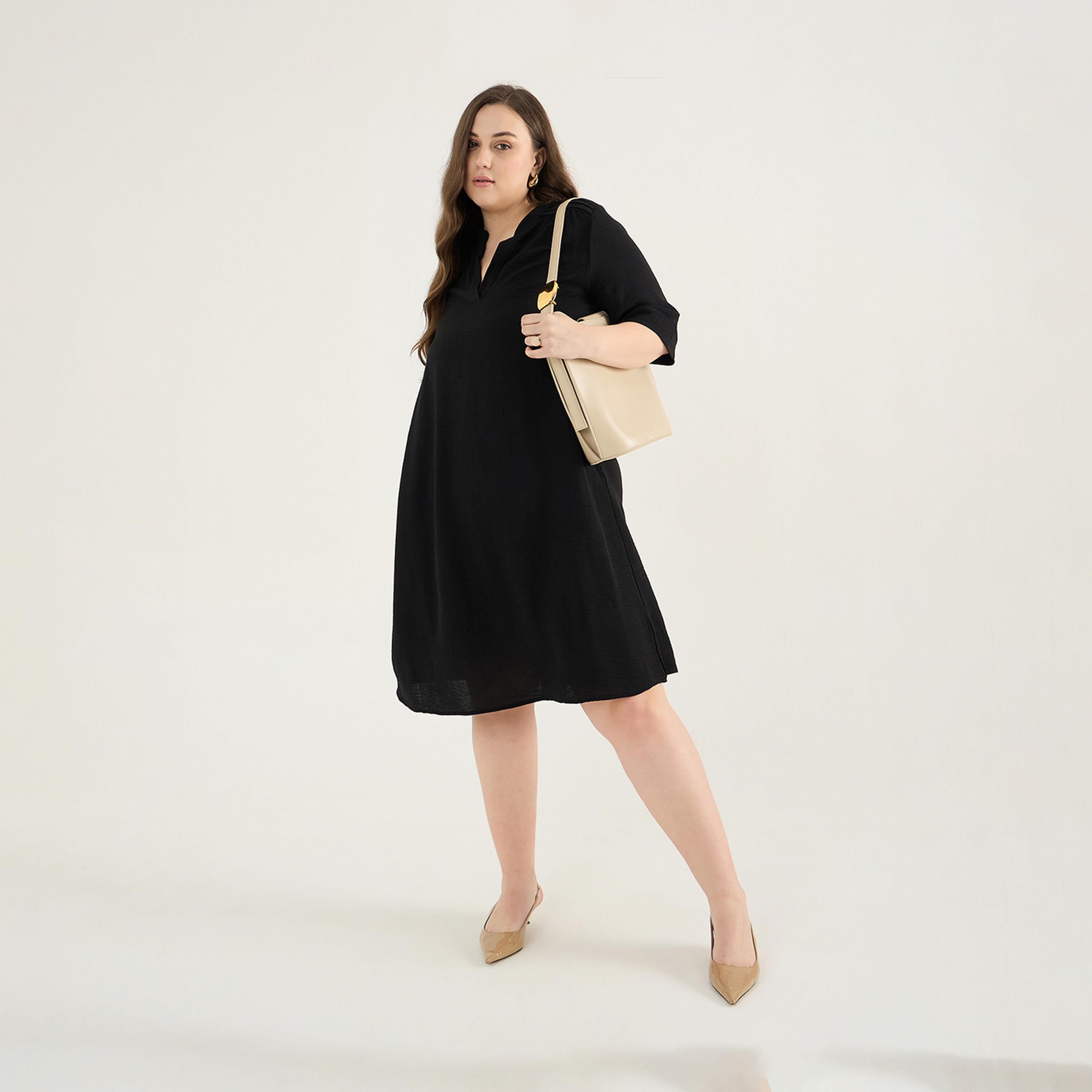 فيميلا × ستايلي - فستان مقاس كبير بطول الركبة وفتحة رقبة على شكل V-women-clothing-dresses-image-6